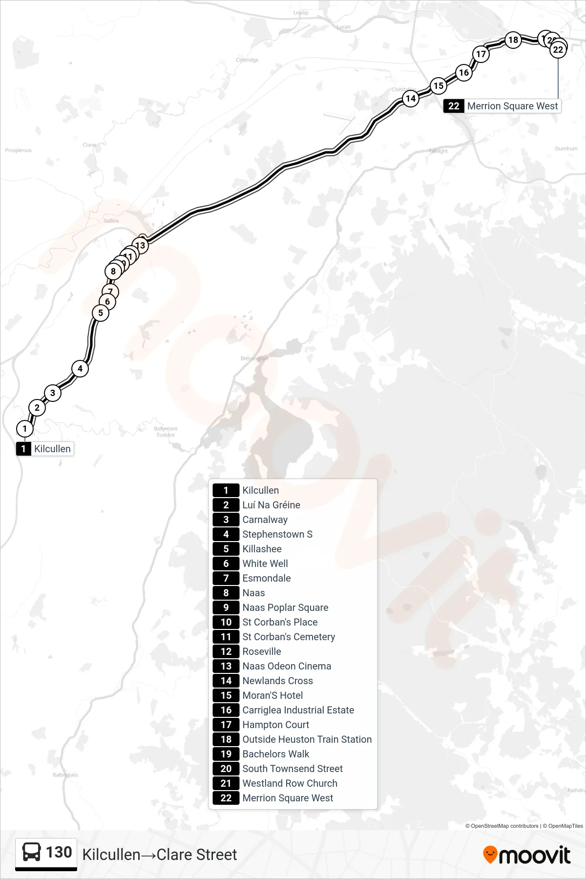 130 tram Line (Kilcullen→Clare Street) route and stops on a map