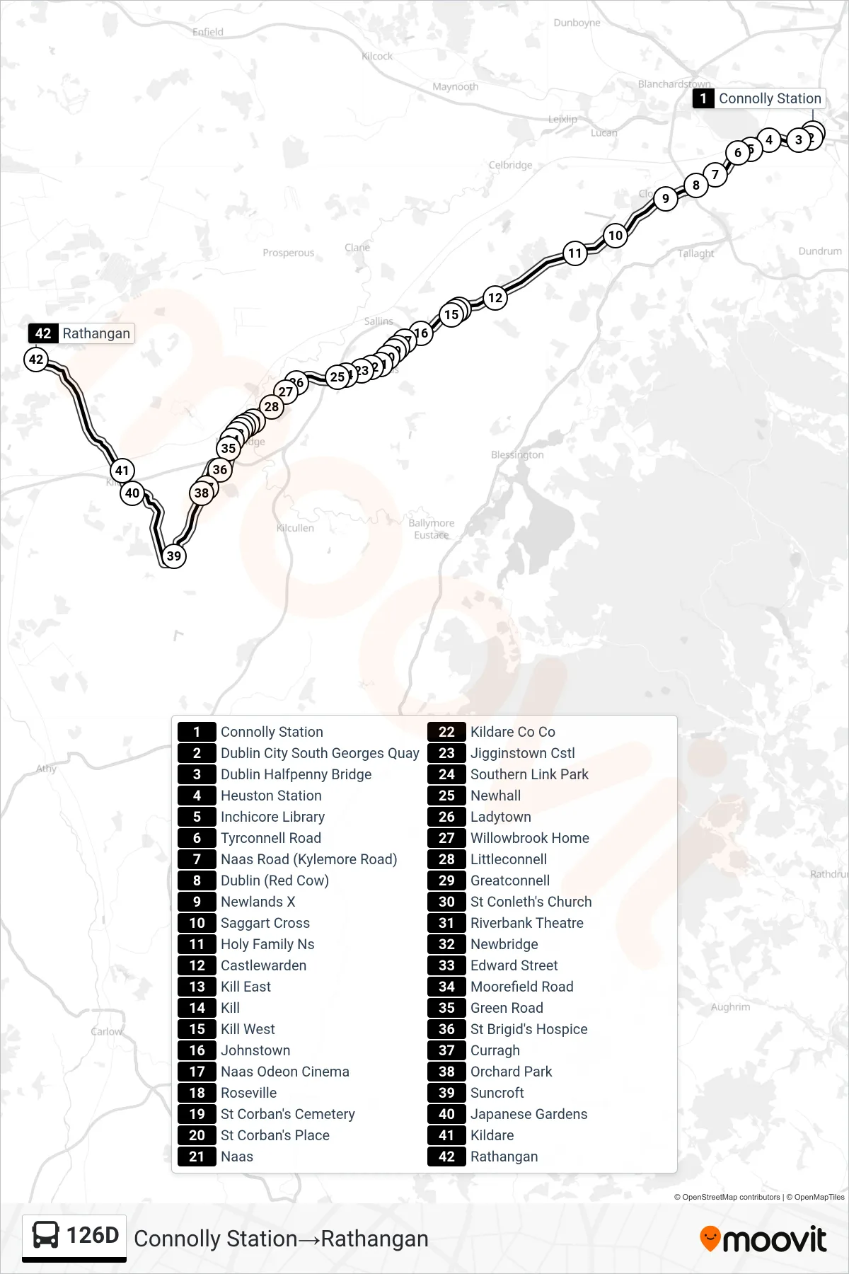 126D tram Line (Connolly Station→Rathangan) route and stops on a map