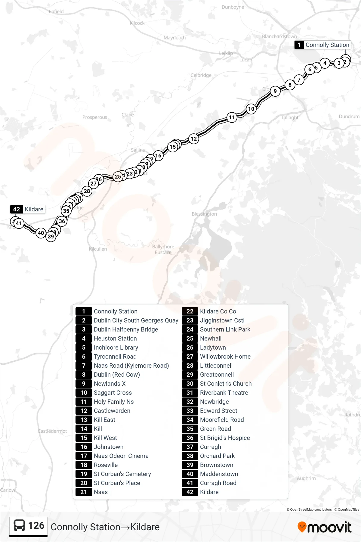 126 tram Line (Connolly Station→Kildare) route and stops on a map