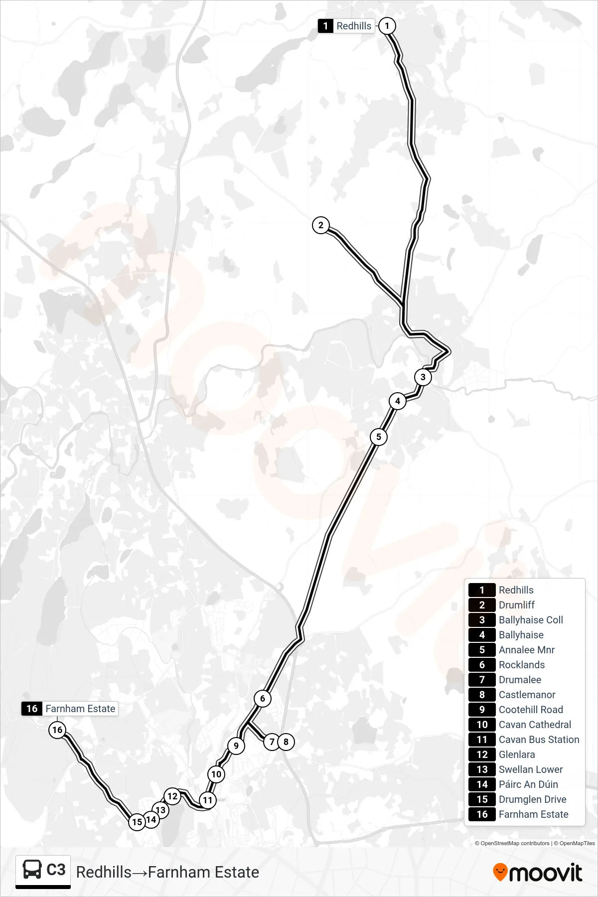 C3 bus Line (Redhills‎→Farnham Estate) route and stops on a map