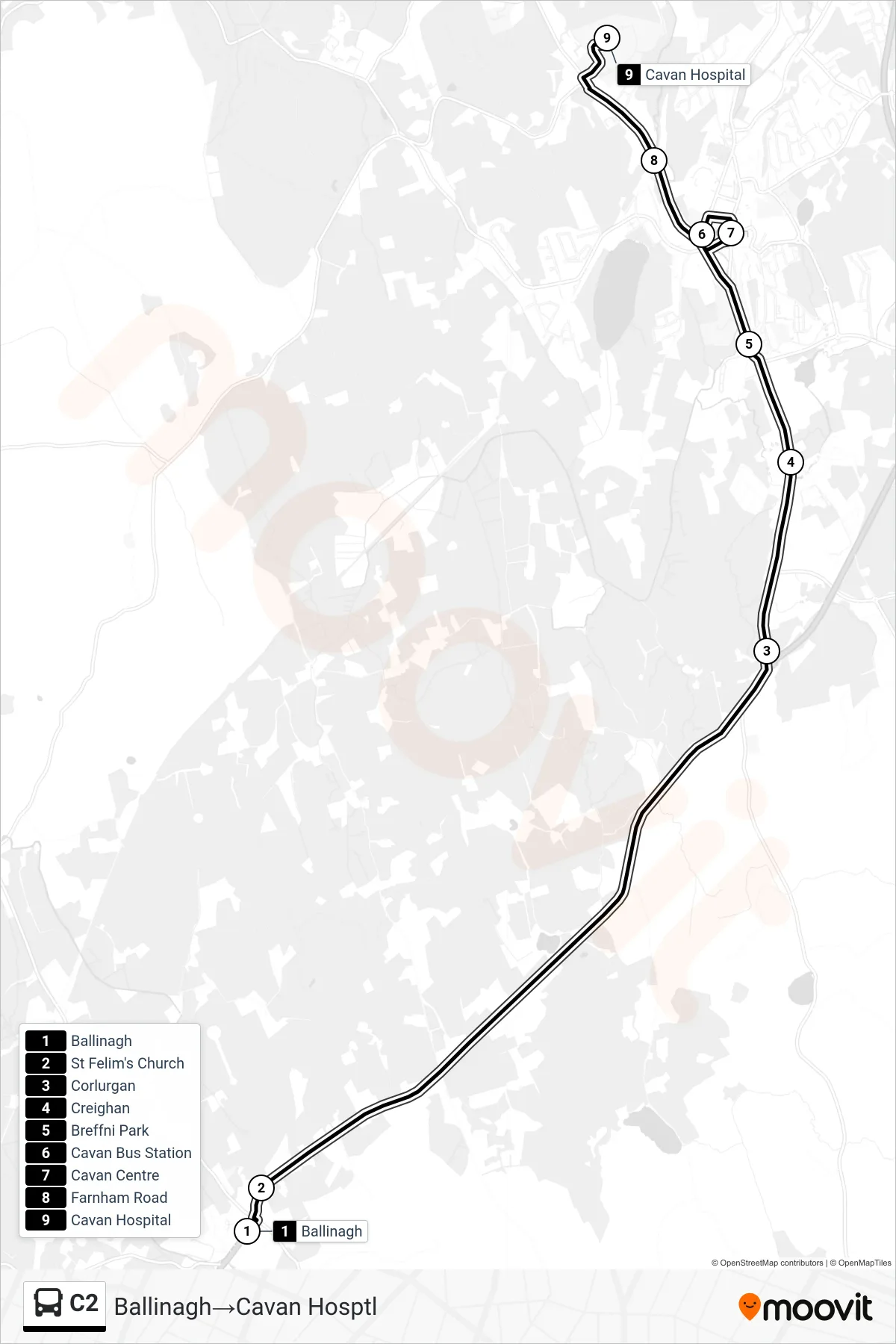 C2 bus Line (Ballinagh→Cavan Hosptl) route and stops on a map