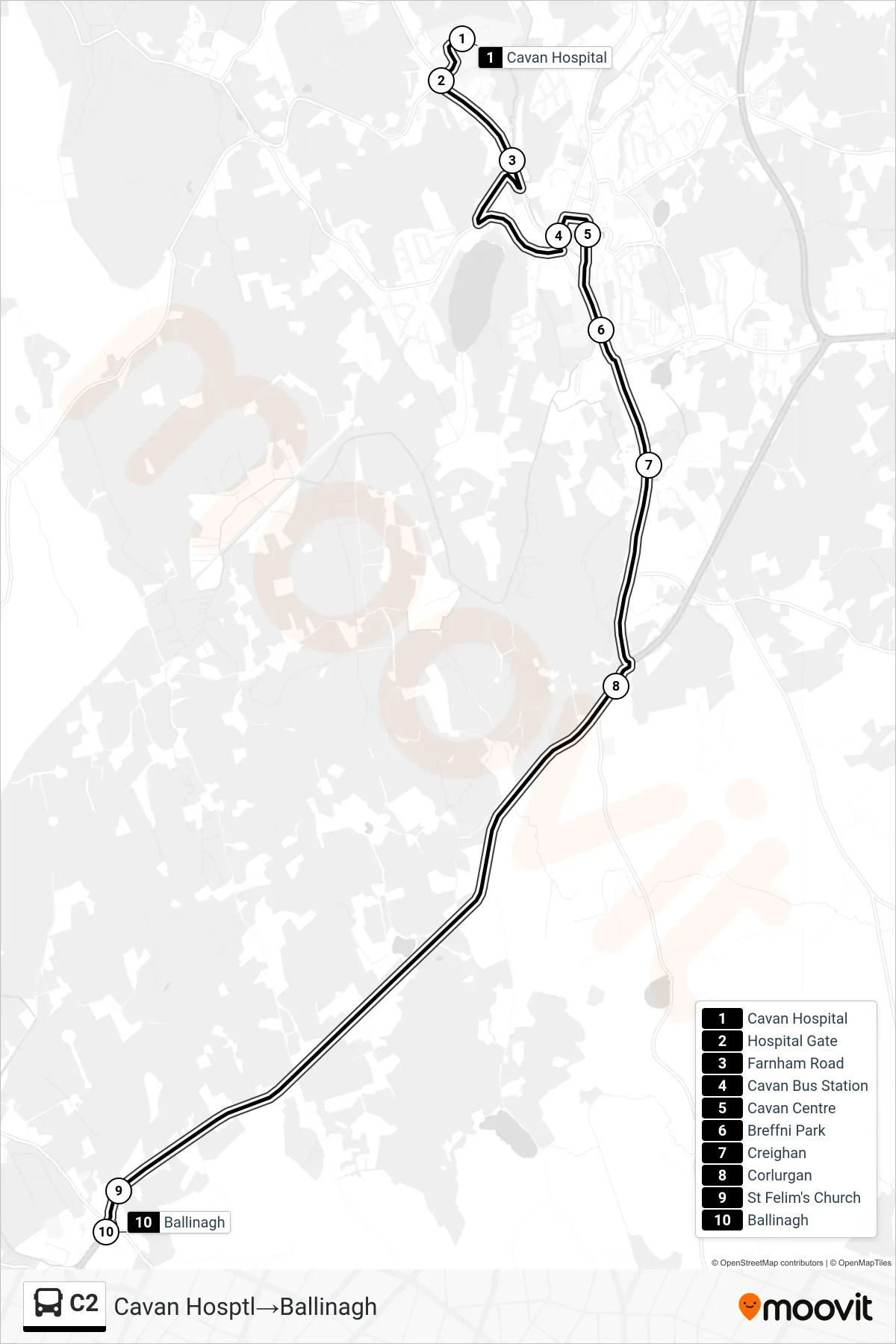 C2 bus Line (Cavan Hosptl‎→Ballinagh) route and stops on a map