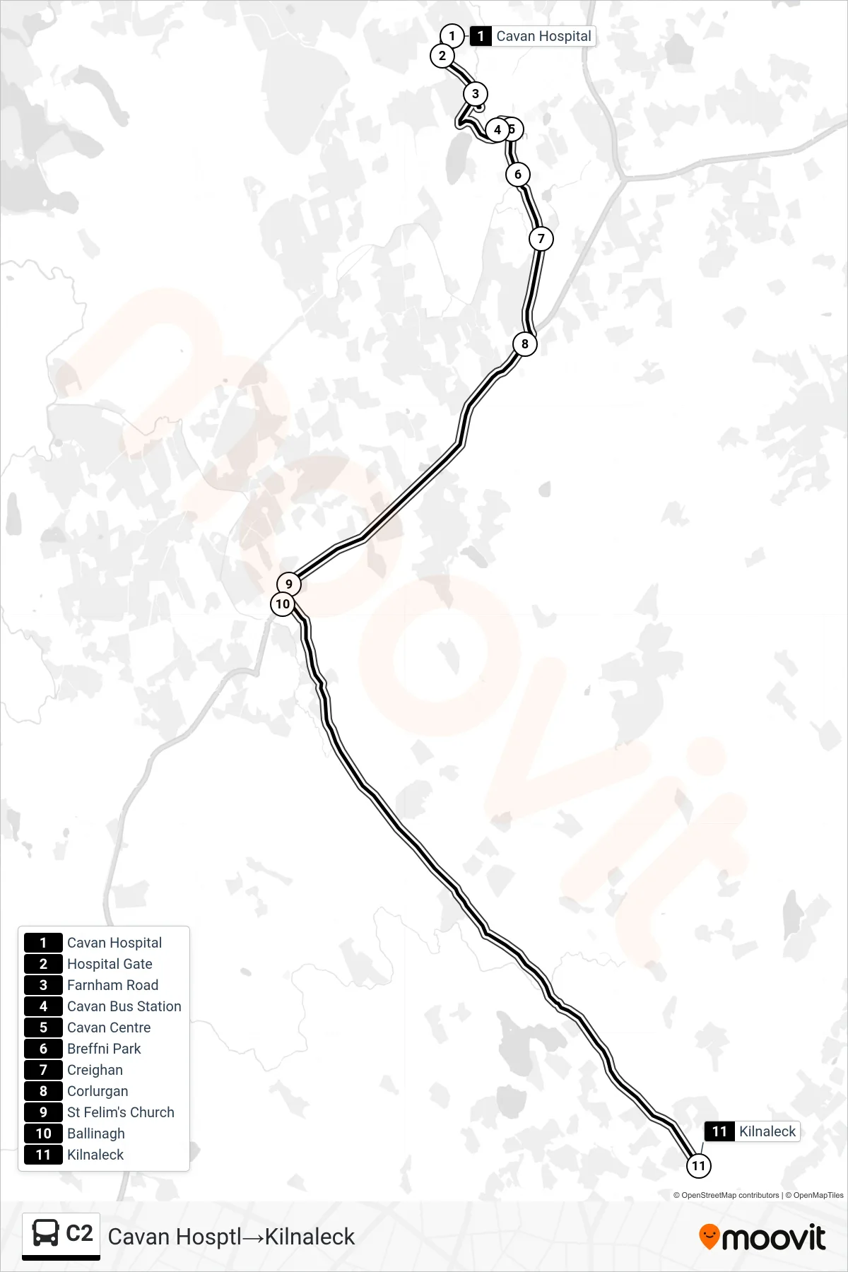 C2 bus Line (Cavan Hosptl→Kilnaleck) route and stops on a map