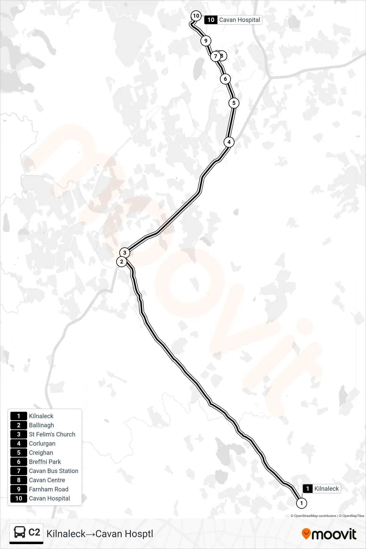 C2 bus Line (Kilnaleck→Cavan Hosptl) route and stops on a map