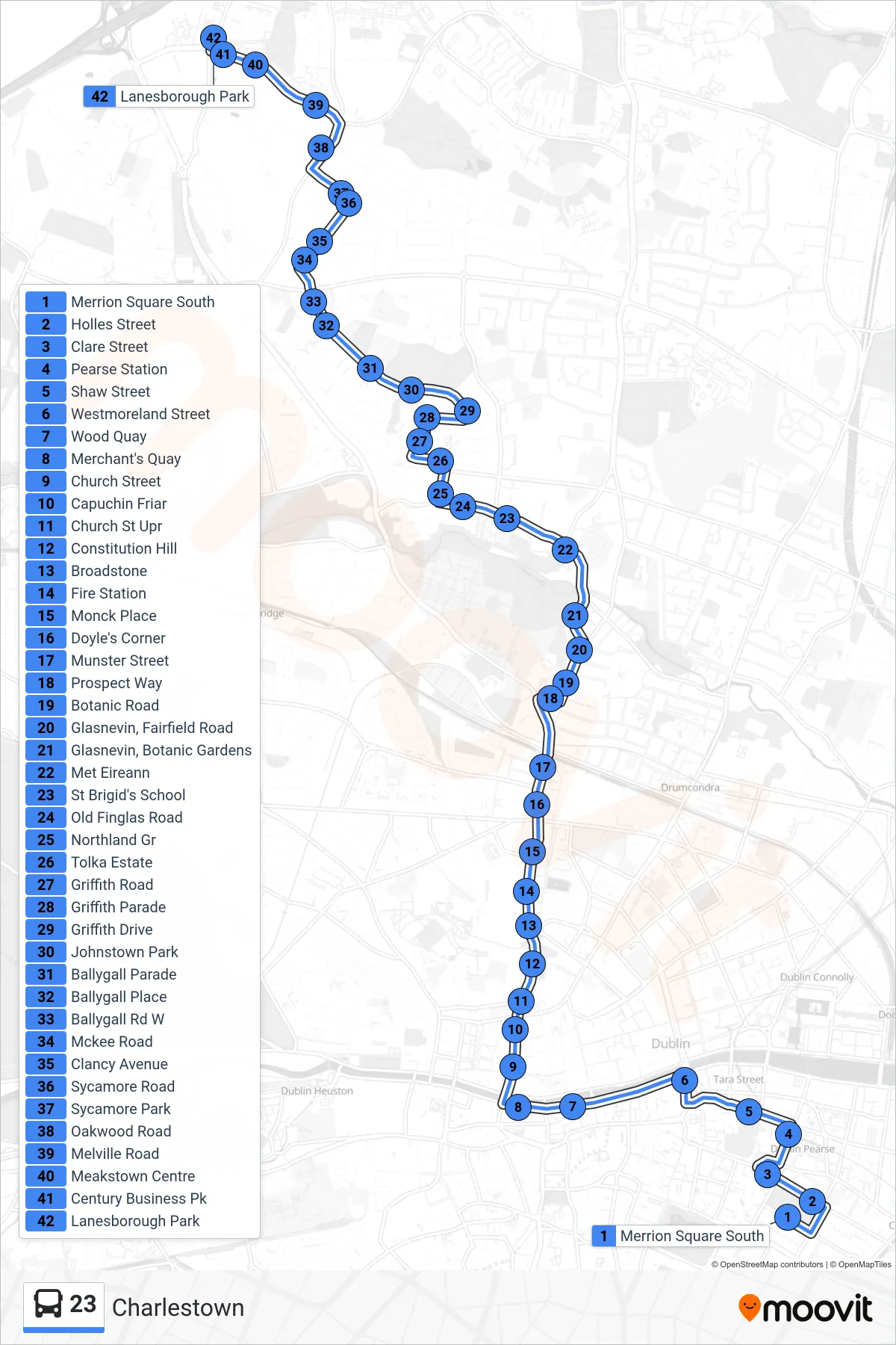 23 bus Line (Charlestown) route and stops on a map
