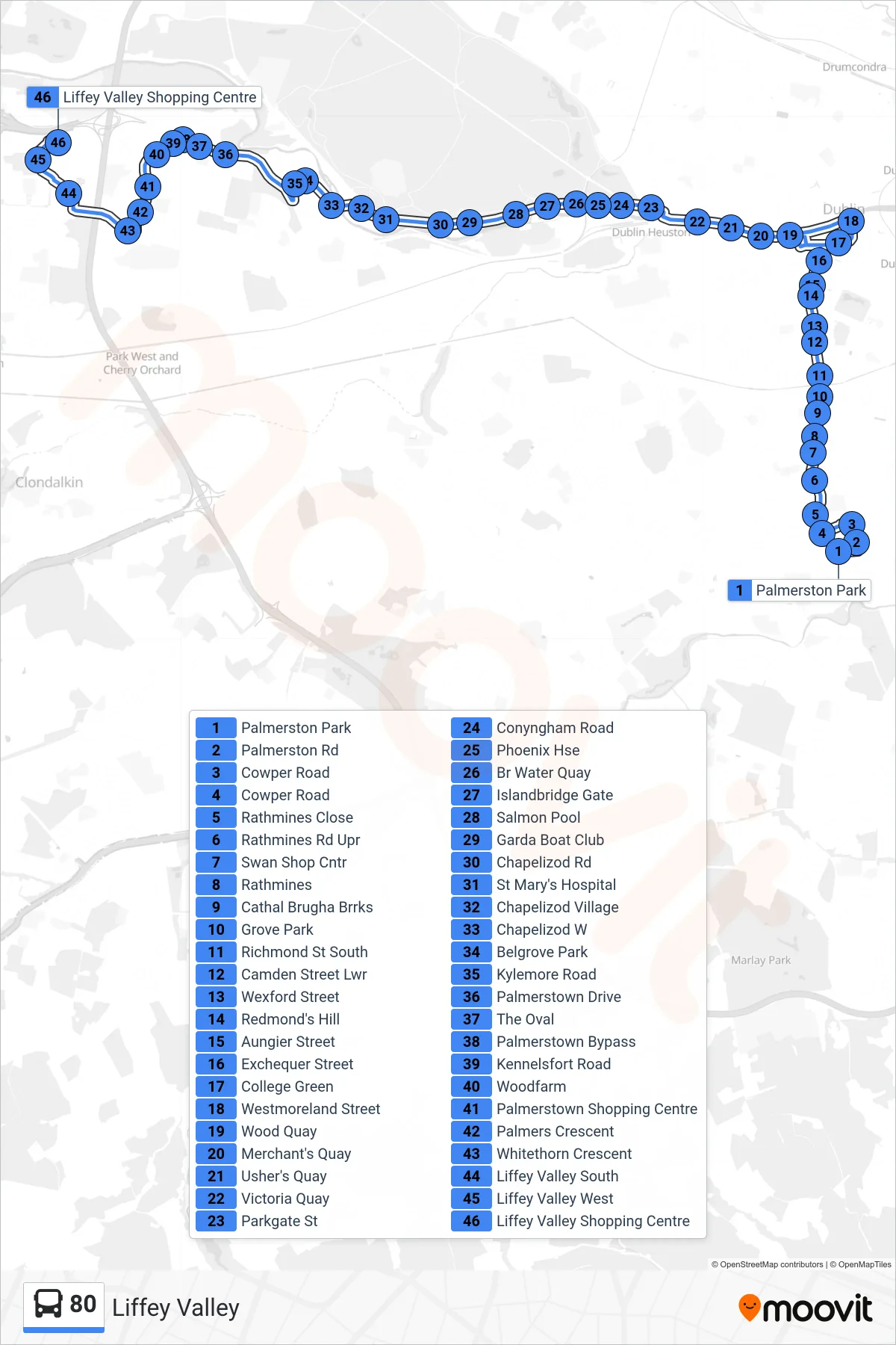 80 bus Line (Liffey Valley) route and stops on a map