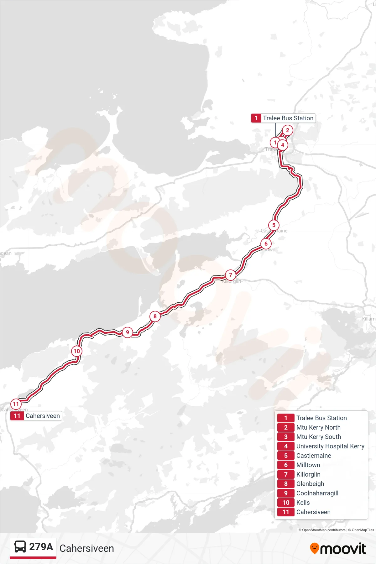279A bus Line (Cahersiveen) route and stops on a map