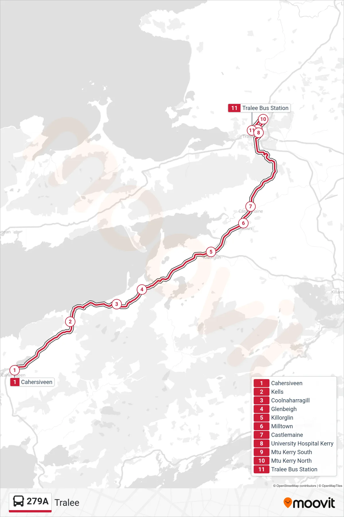 279A bus Line (Tralee) route and stops on a map
