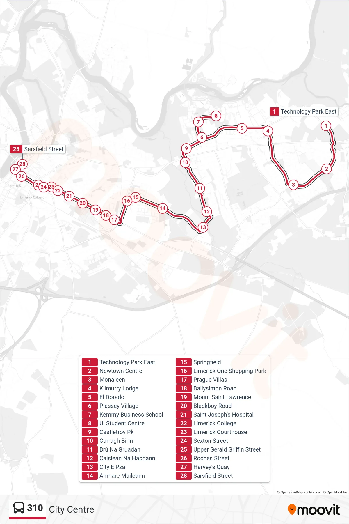 310 bus Line (City Centre) route and stops on a map