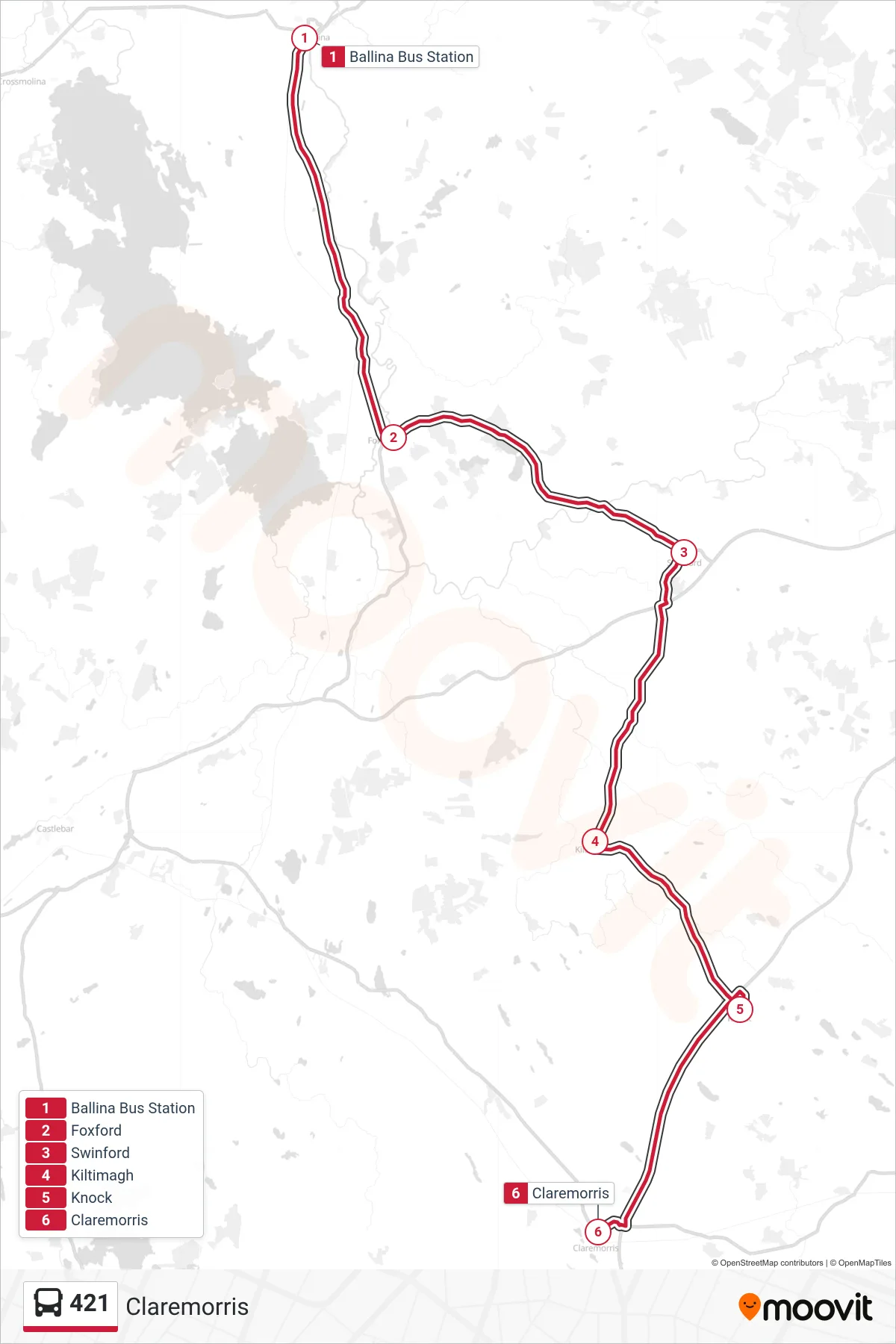 421 bus Line (Claremorris) route and stops on a map