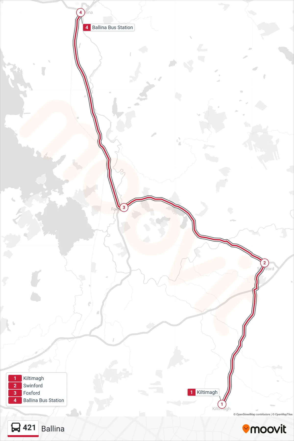 421 bus Line (Ballina) route and stops on a map