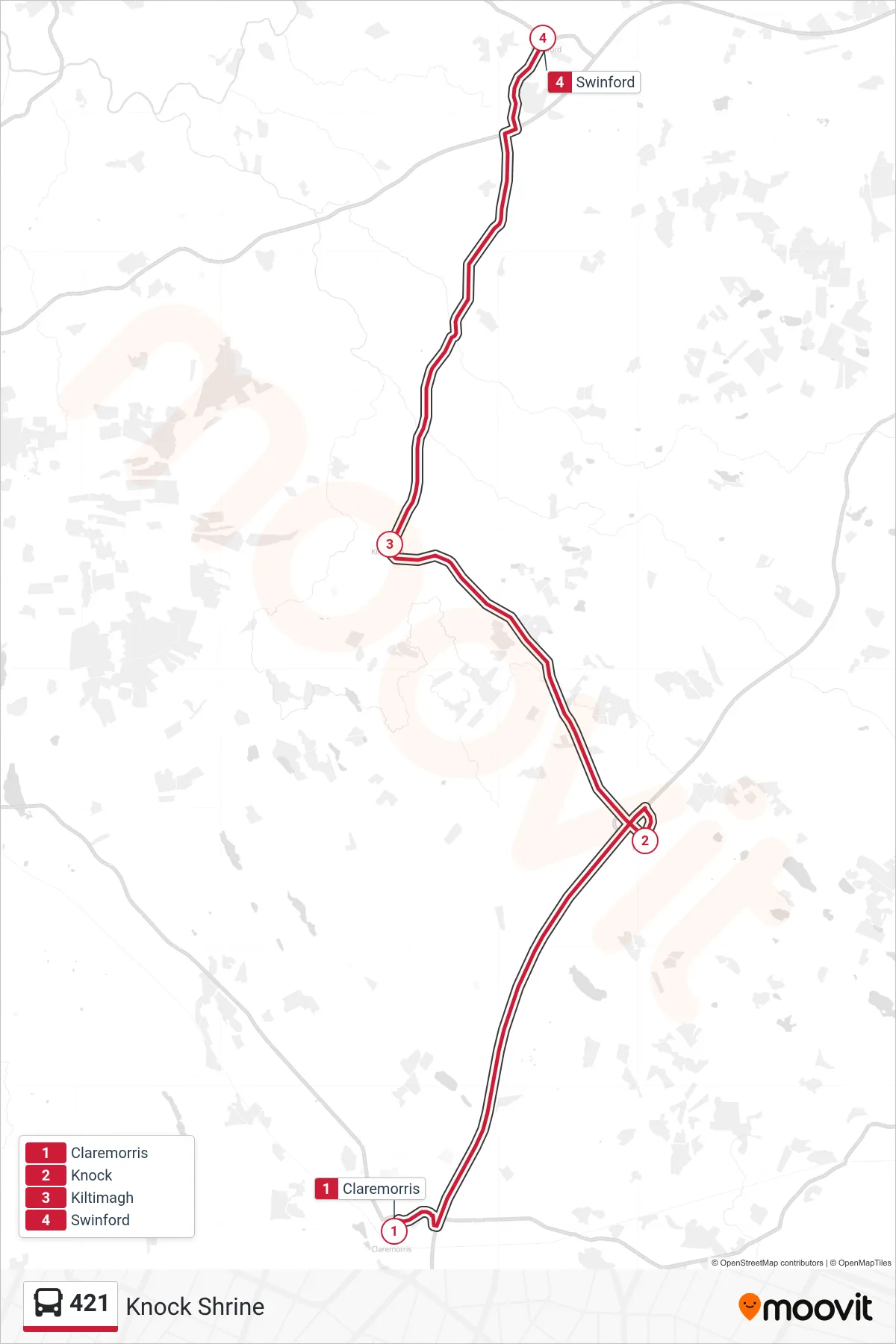 421 bus Line (Knock Shrine) route and stops on a map