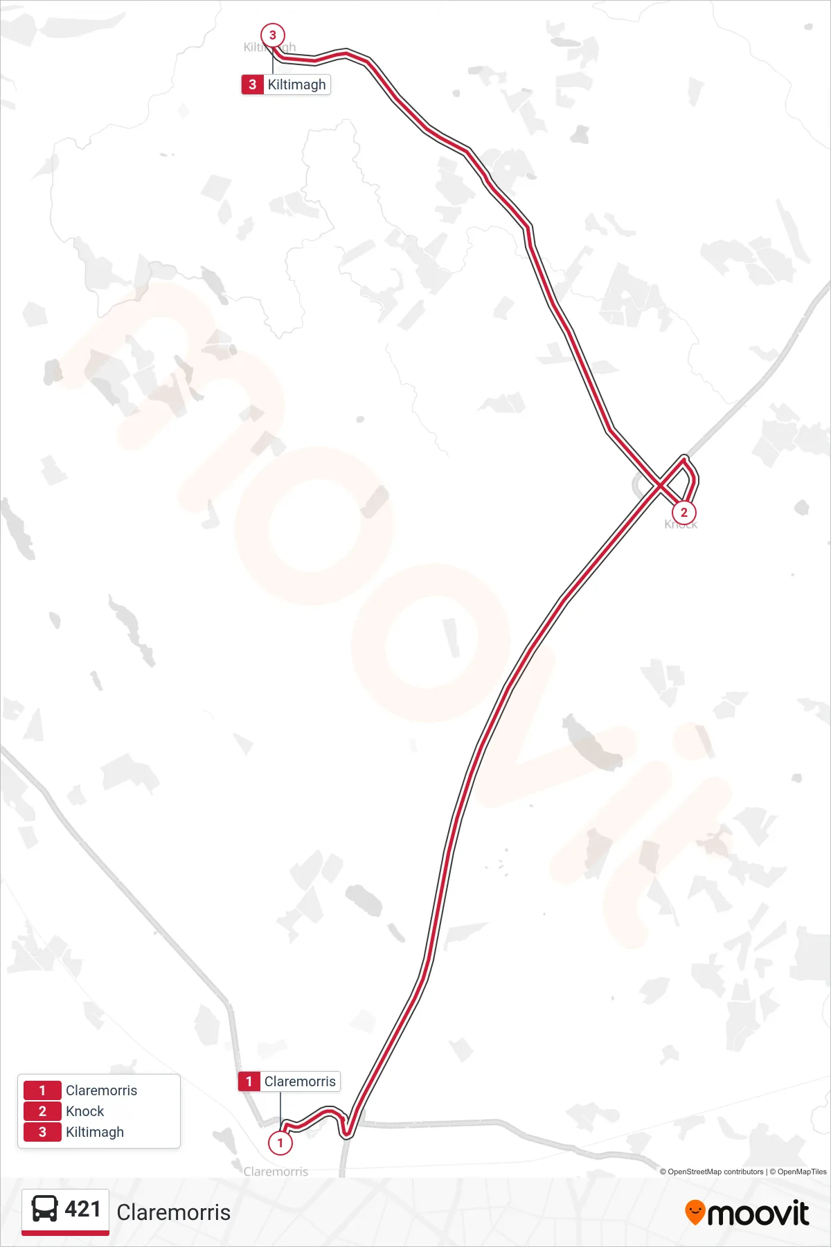 421 bus Line (Claremorris) route and stops on a map
