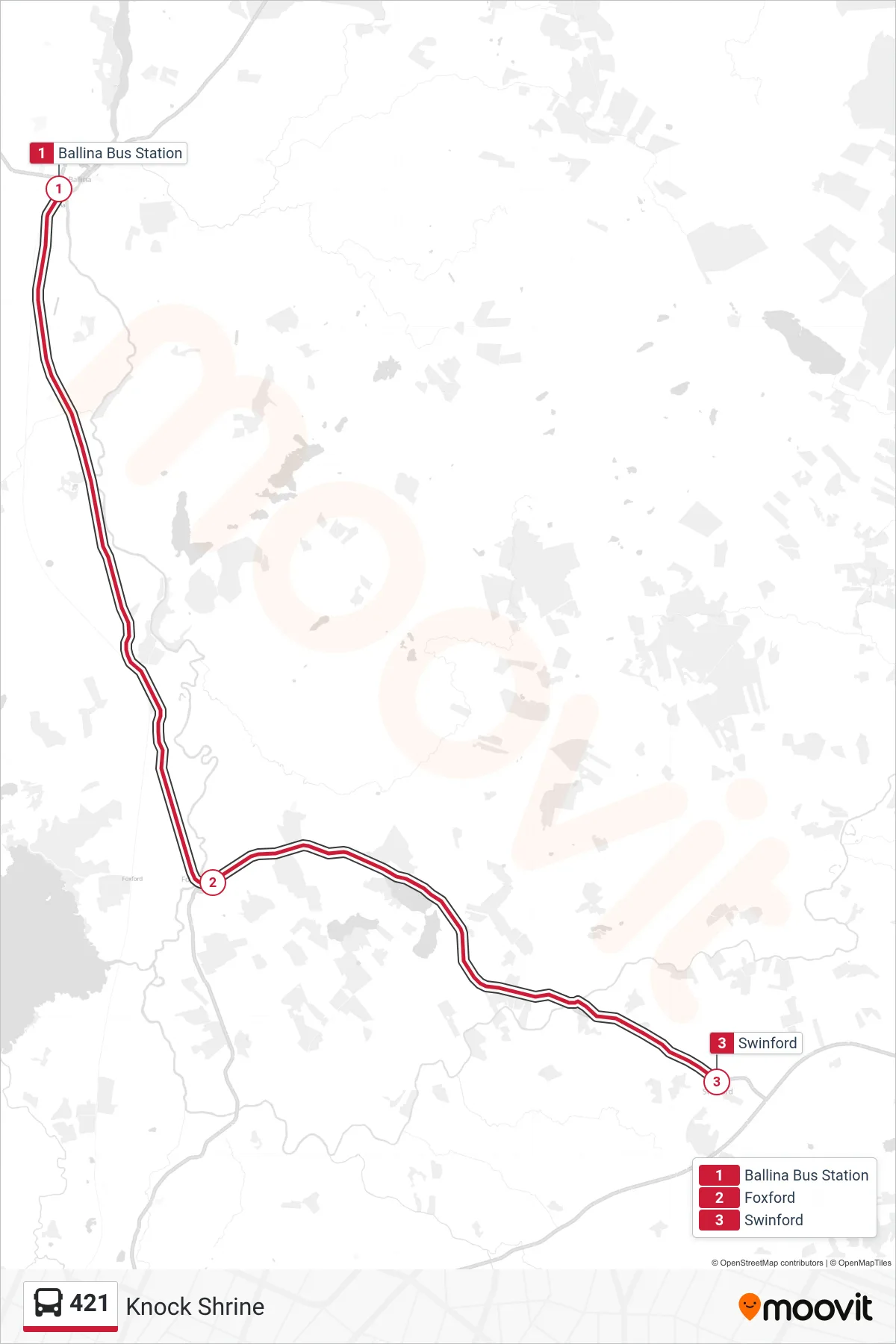 421 bus Line (Knock Shrine) route and stops on a map