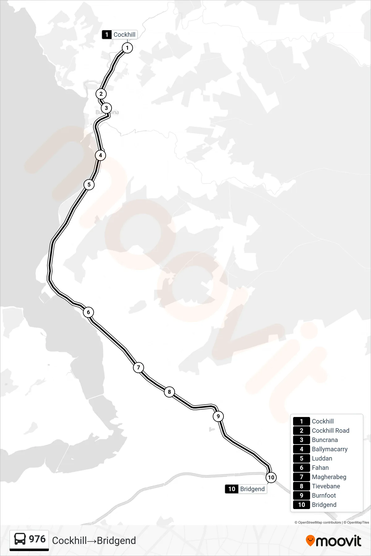 976 bus Line (Cockhill→Bridgend) route and stops on a map