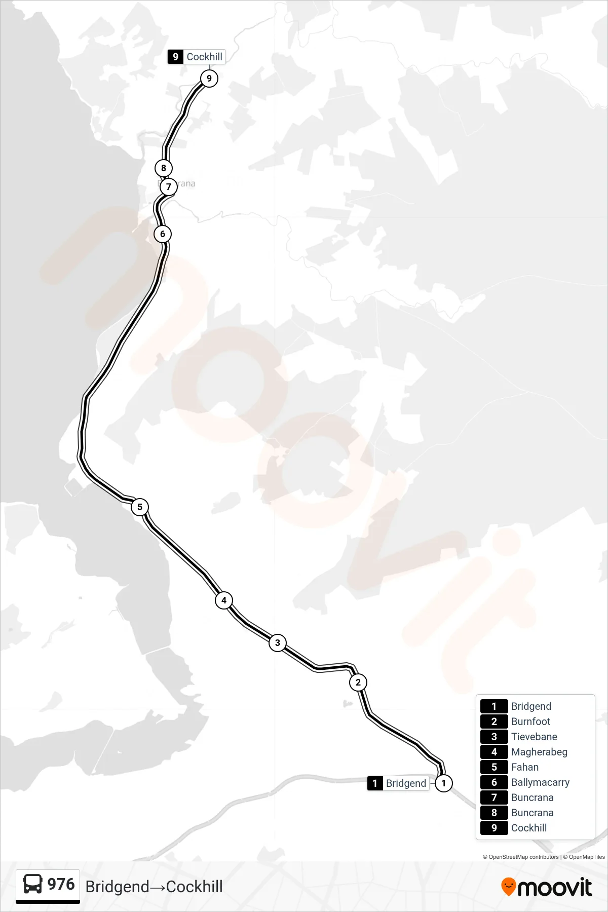 976 bus Line (Bridgend→Cockhill) route and stops on a map