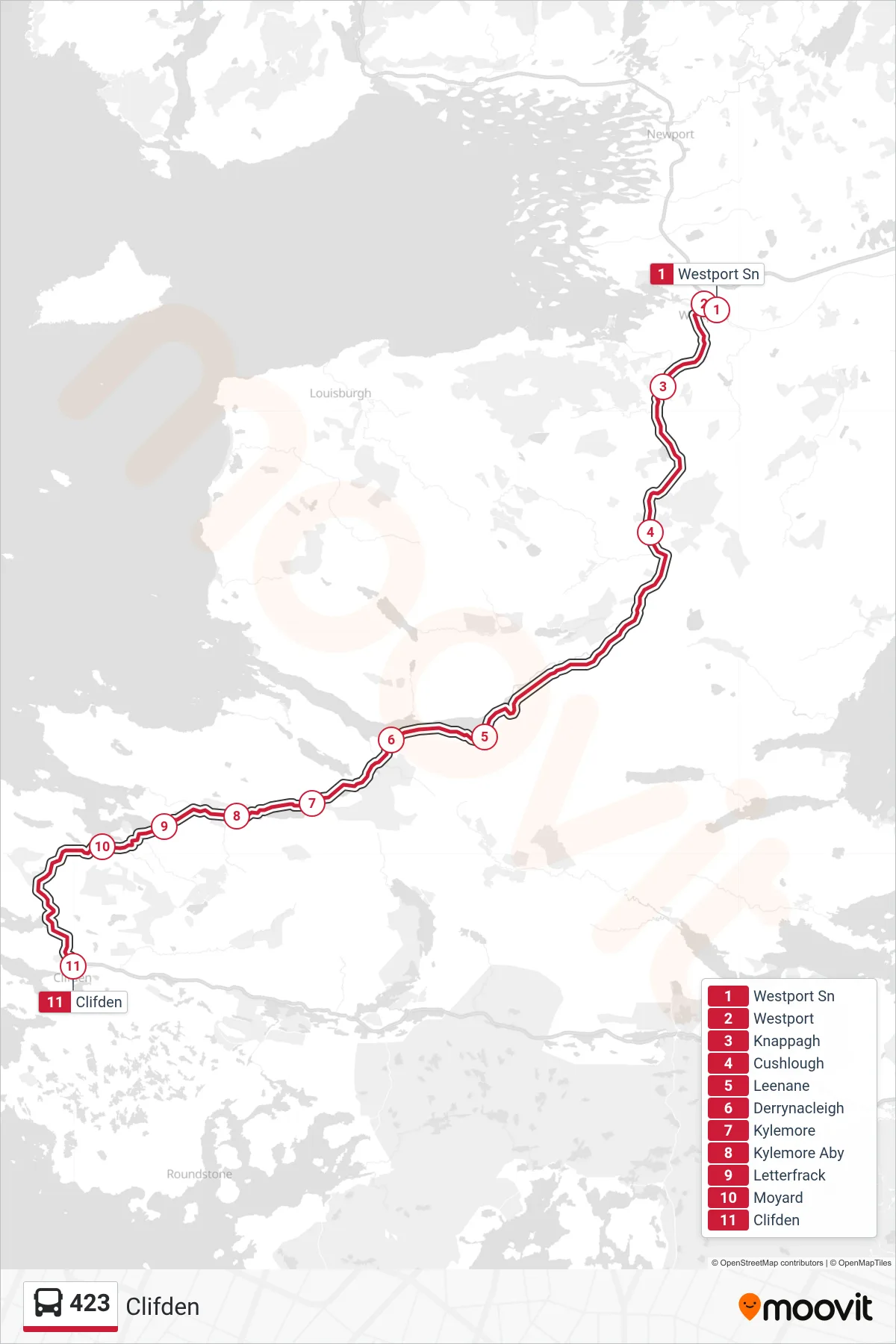 423 bus Line (Clifden) route and stops on a map