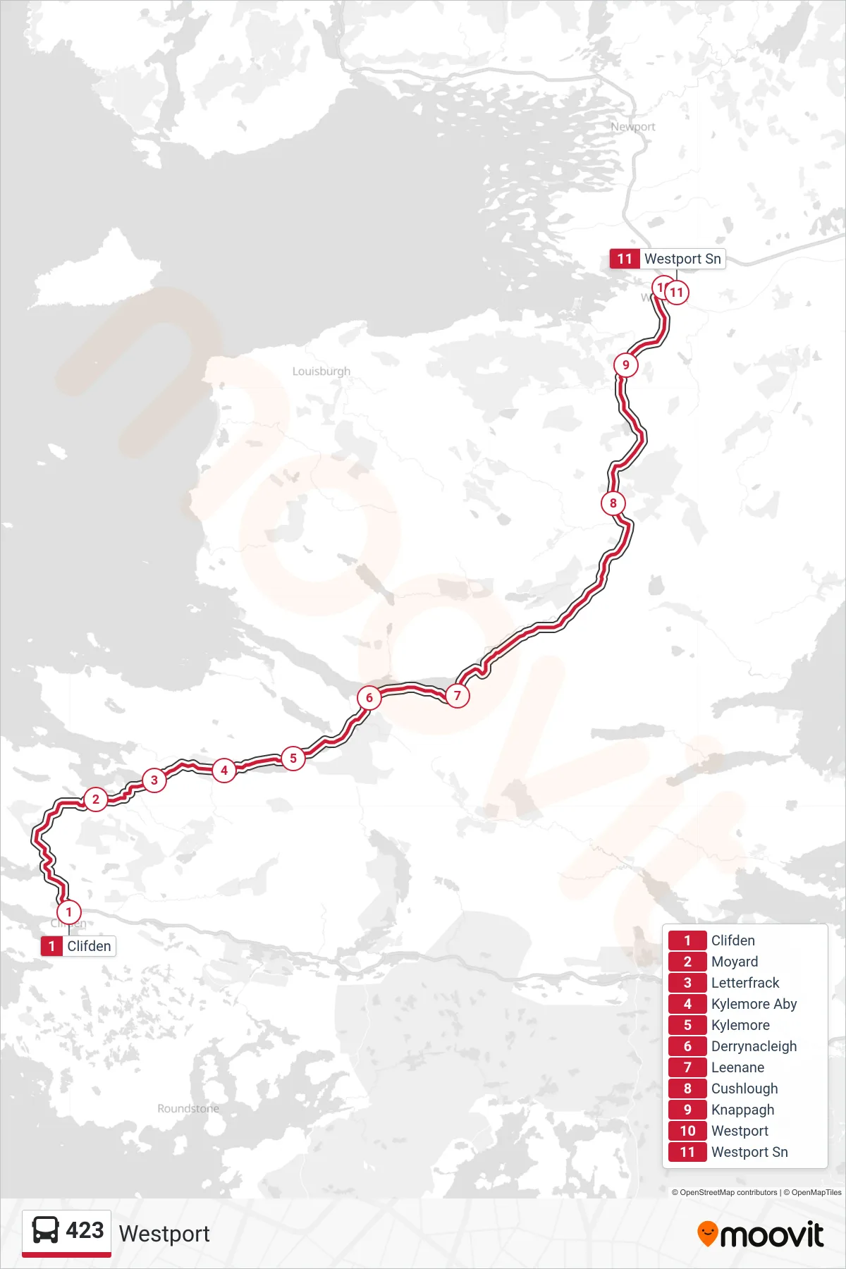 423 bus Line (Westport) route and stops on a map