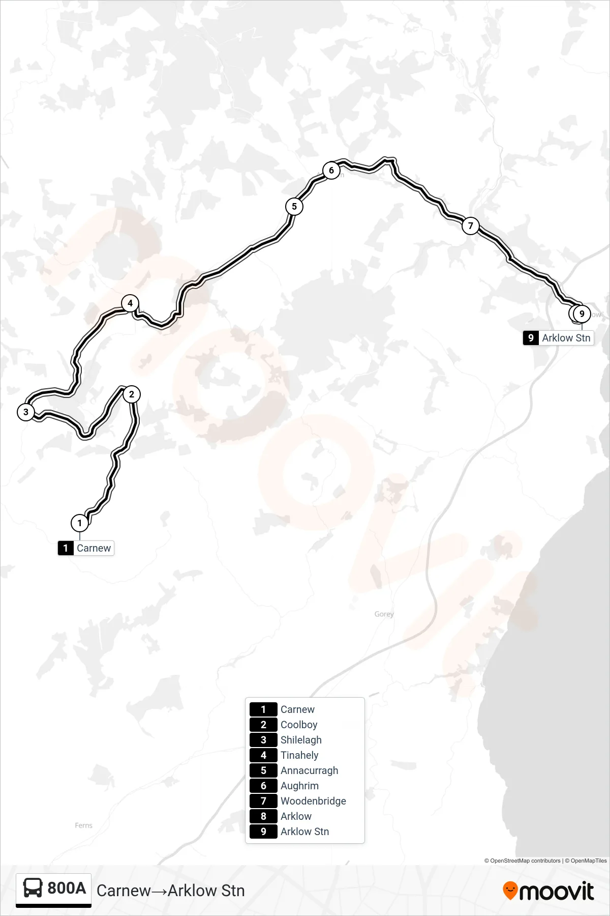800A bus Line (Carnew→Arklow Stn) route and stops on a map