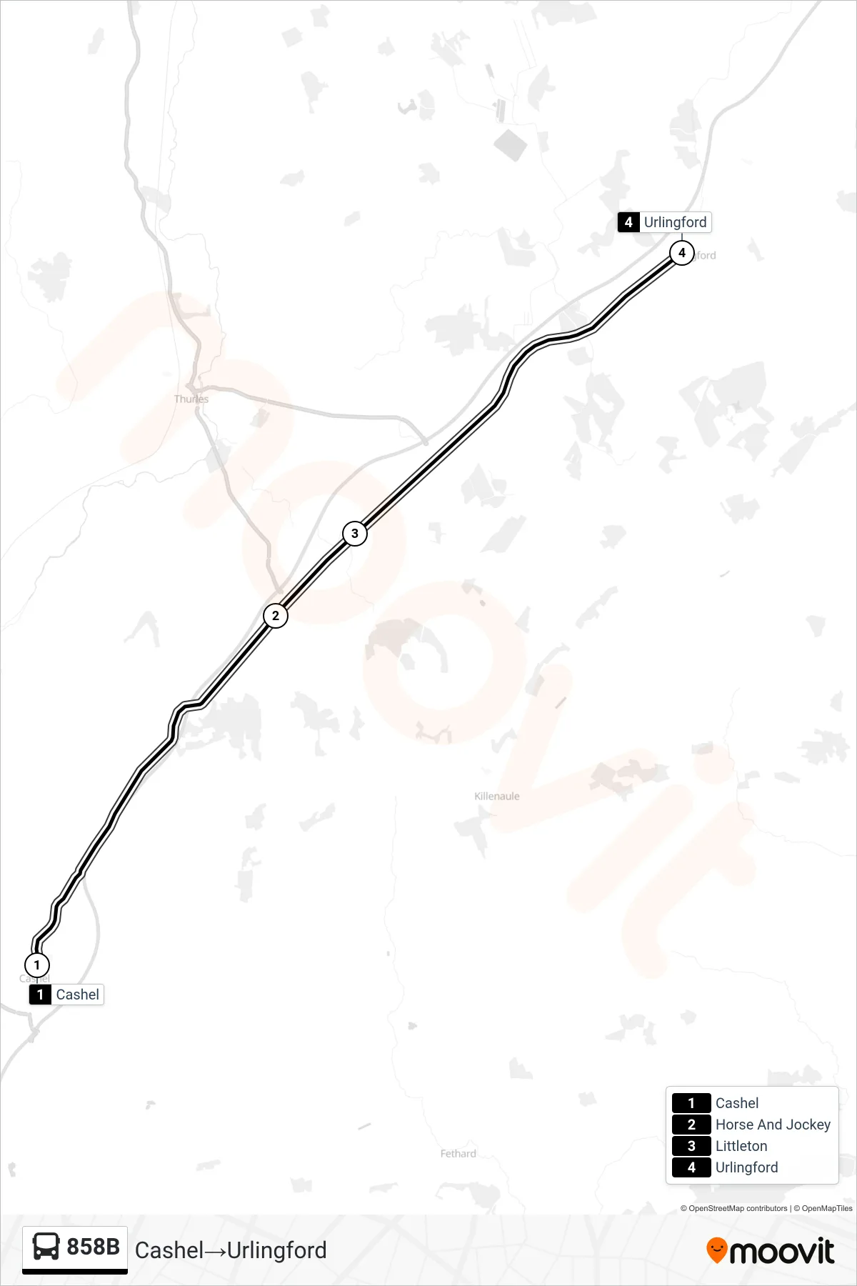 858B bus Line (Cashel‎→Urlingford) route and stops on a map