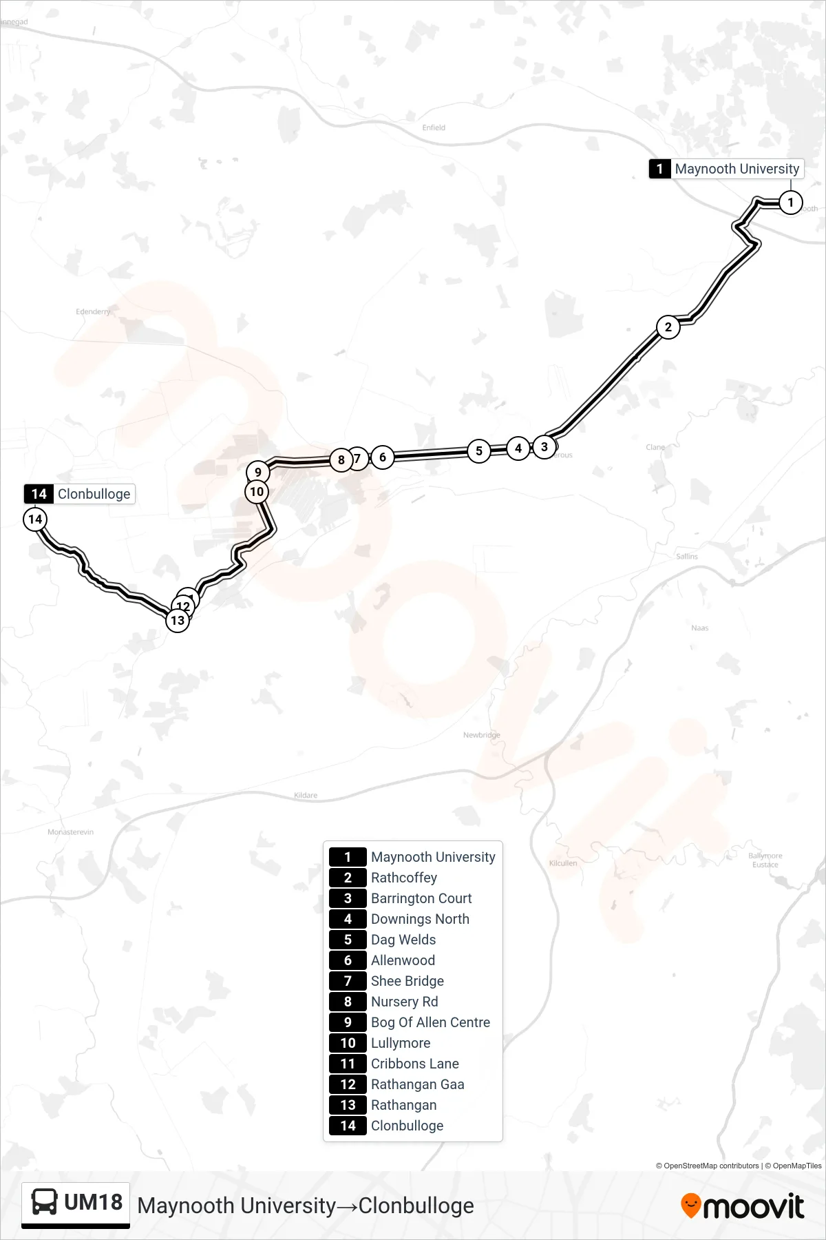 UM18 bus Line (Maynooth University→Clonbulloge) route and stops on a map