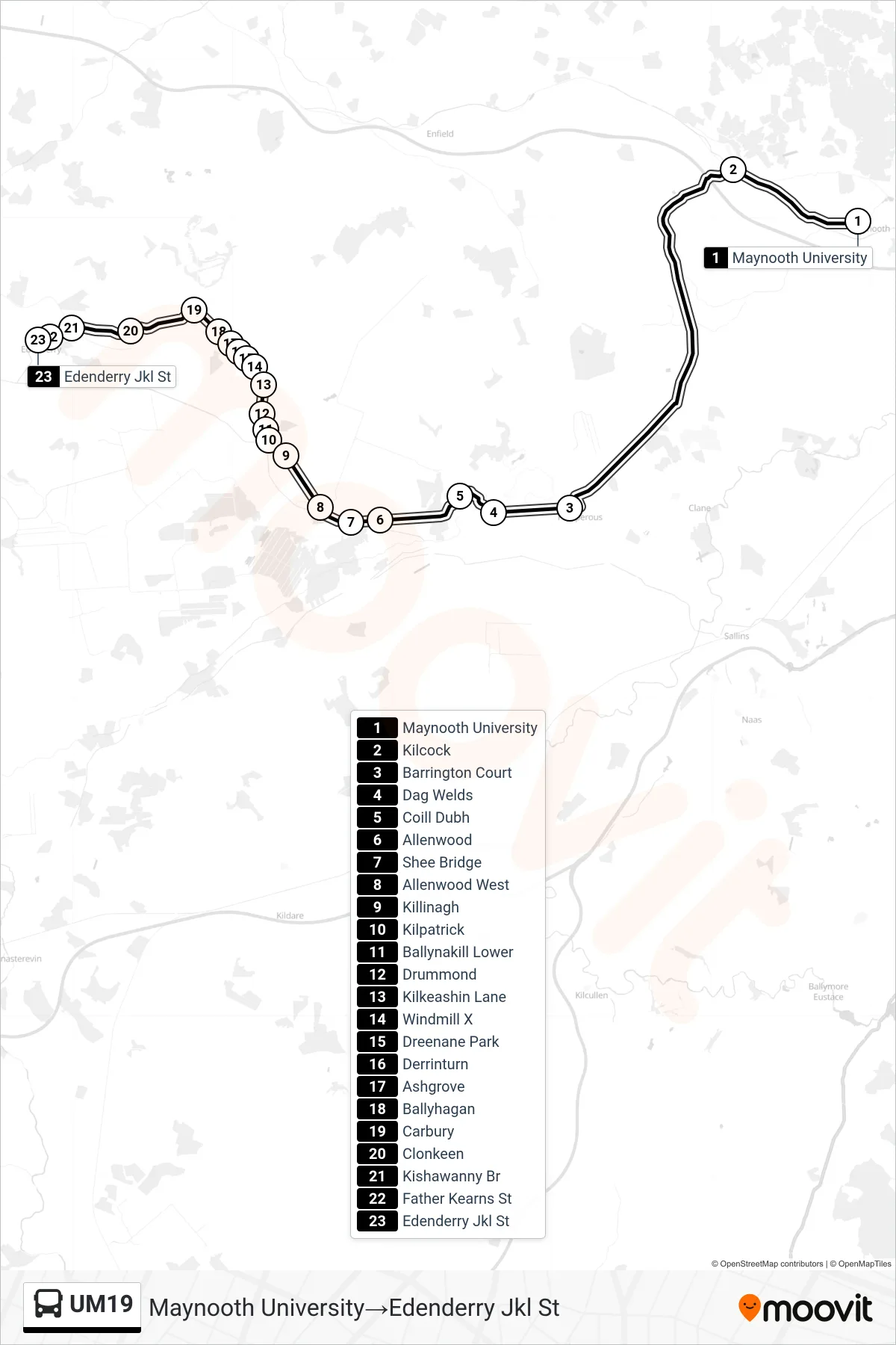 UM19 bus Line (Maynooth University‎→Edenderry Jkl St) route and stops on a map