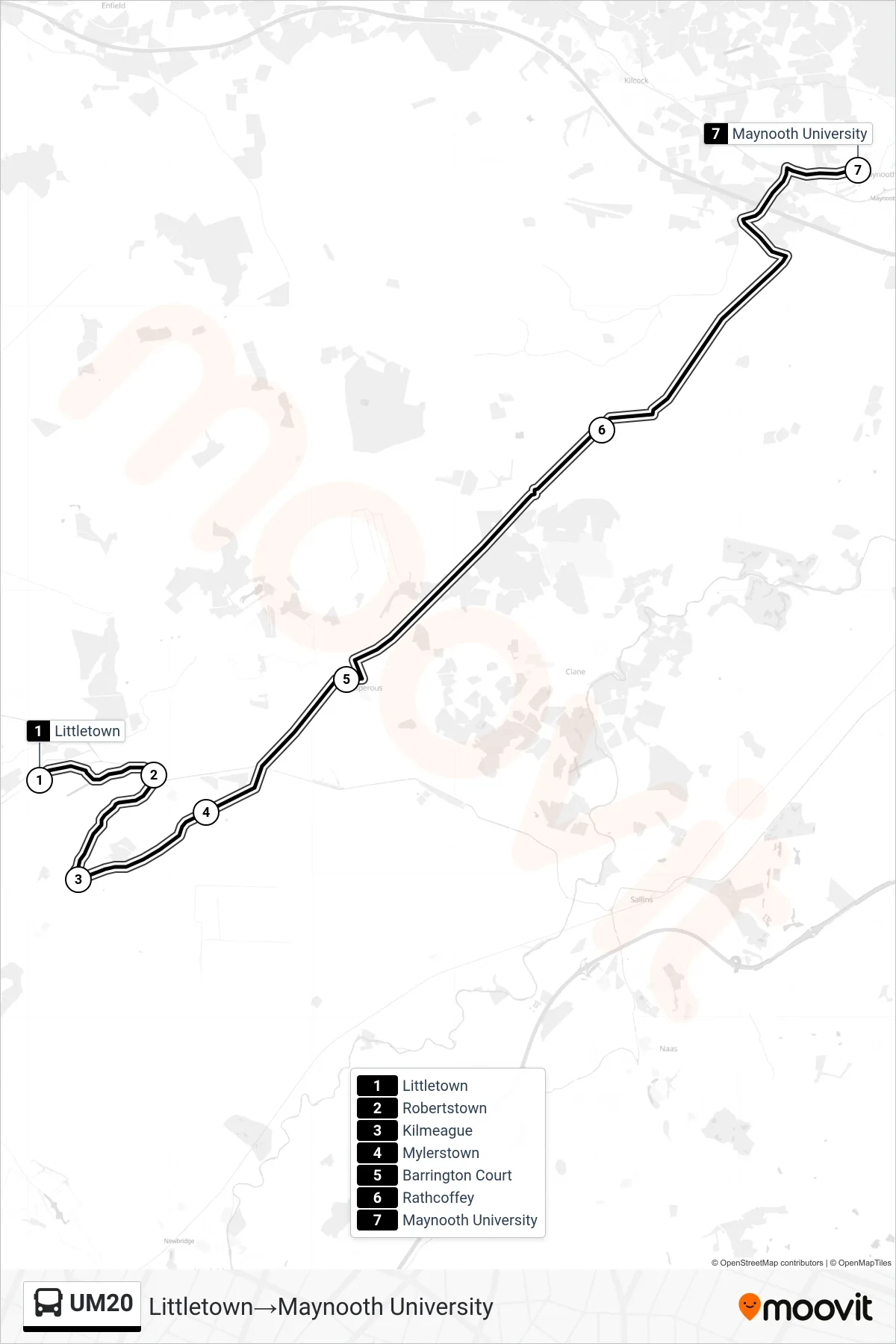 UM20 bus Line (Littletown→Maynooth University) route and stops on a map