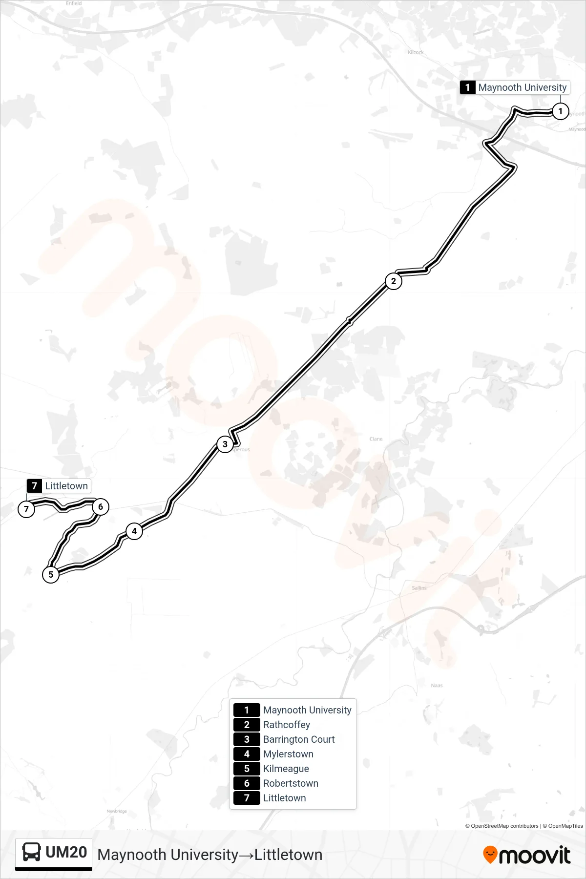 UM20 bus Line (Maynooth University→Littletown) route and stops on a map