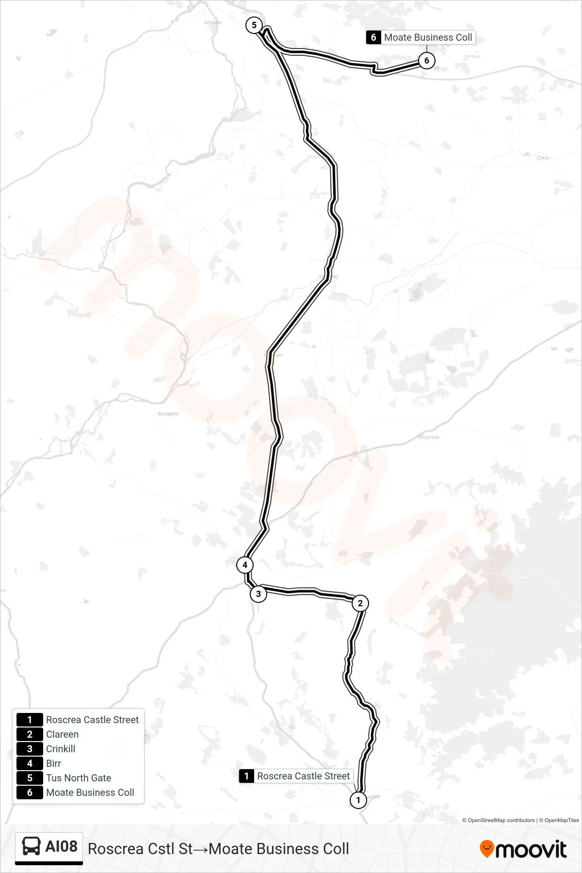 AI08 bus Line (Roscrea Cstl St‎→Moate Business Coll) route and stops on a map