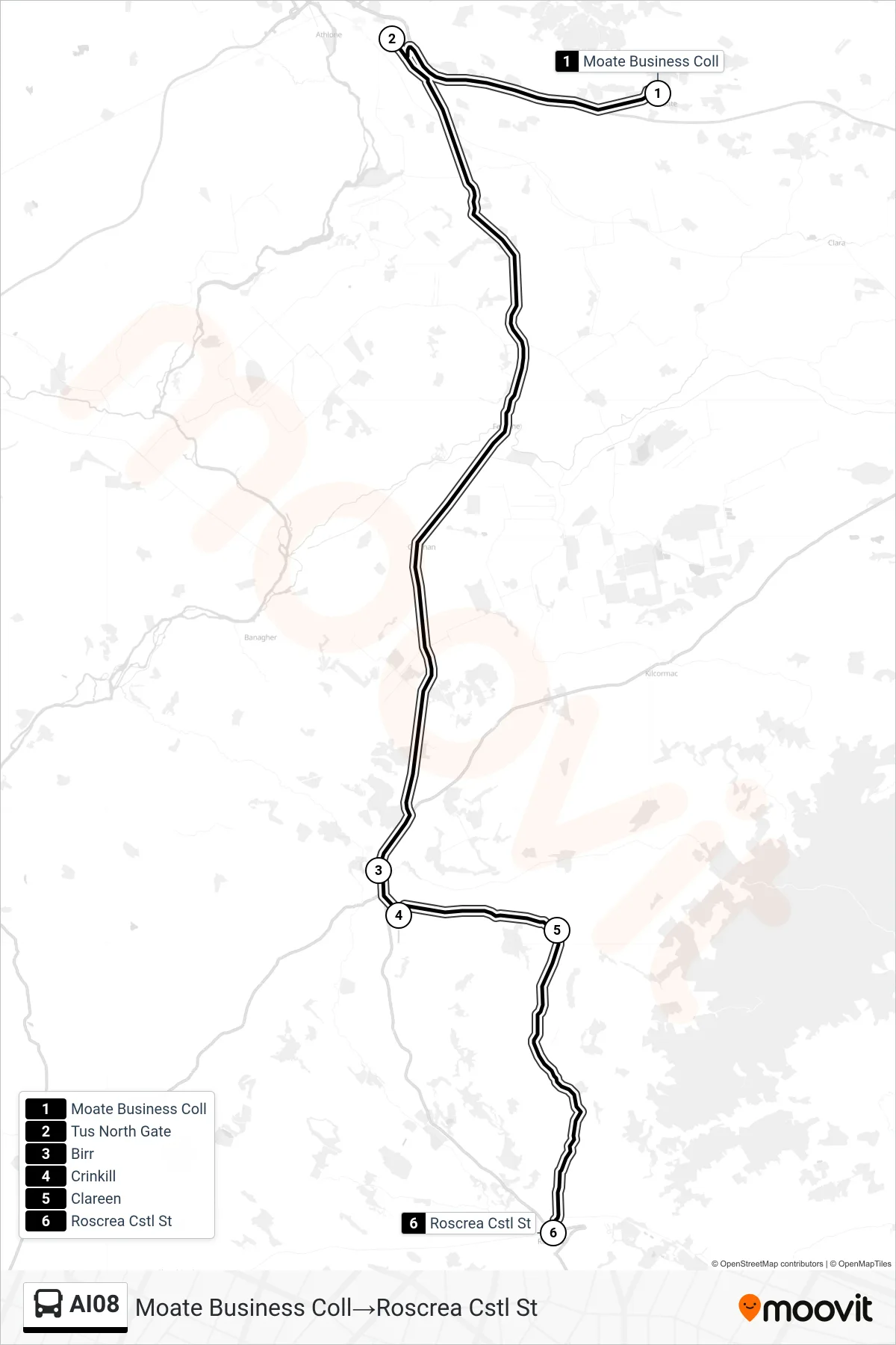 AI08 bus Line (Moate Business Coll→Roscrea Cstl St) route and stops on a map