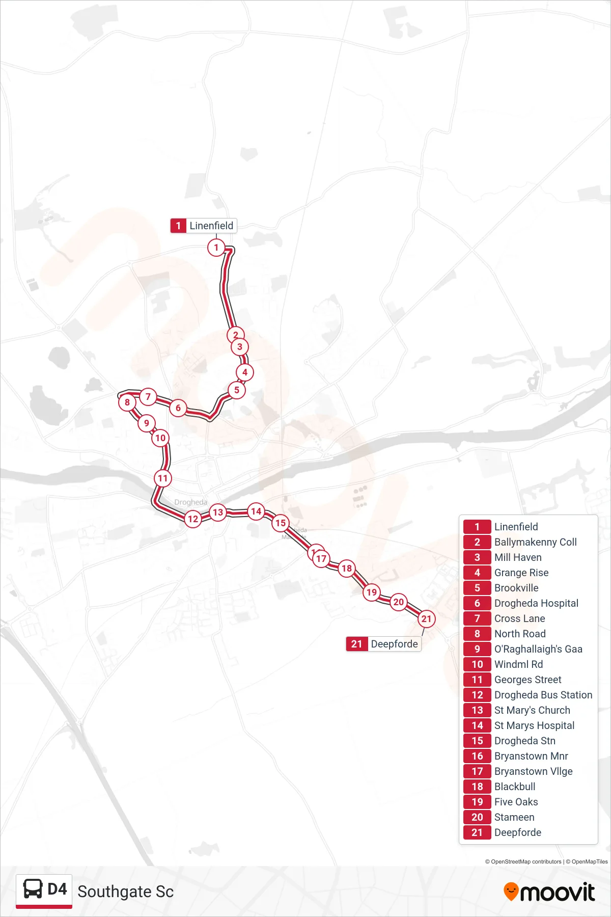 D4 bus Line (Southgate Sc) route and stops on a map
