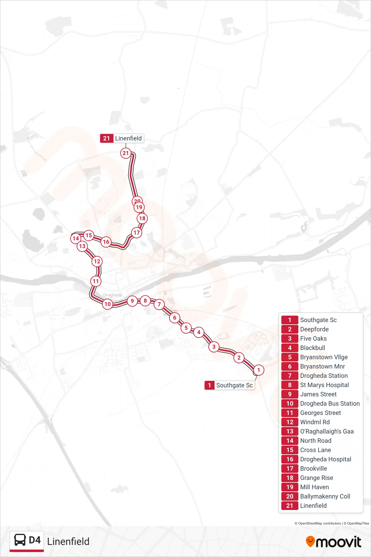 D4 bus Line (Linenfield) route and stops on a map