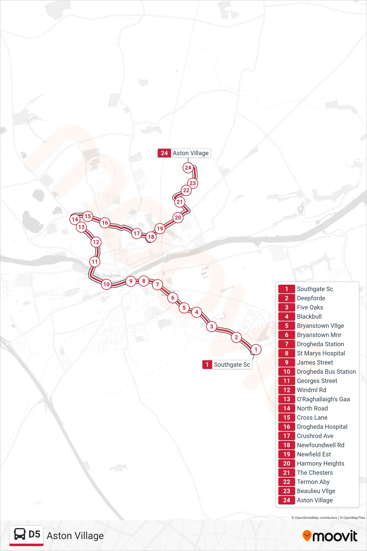 D5 bus Line (Aston Village) route and stops on a map