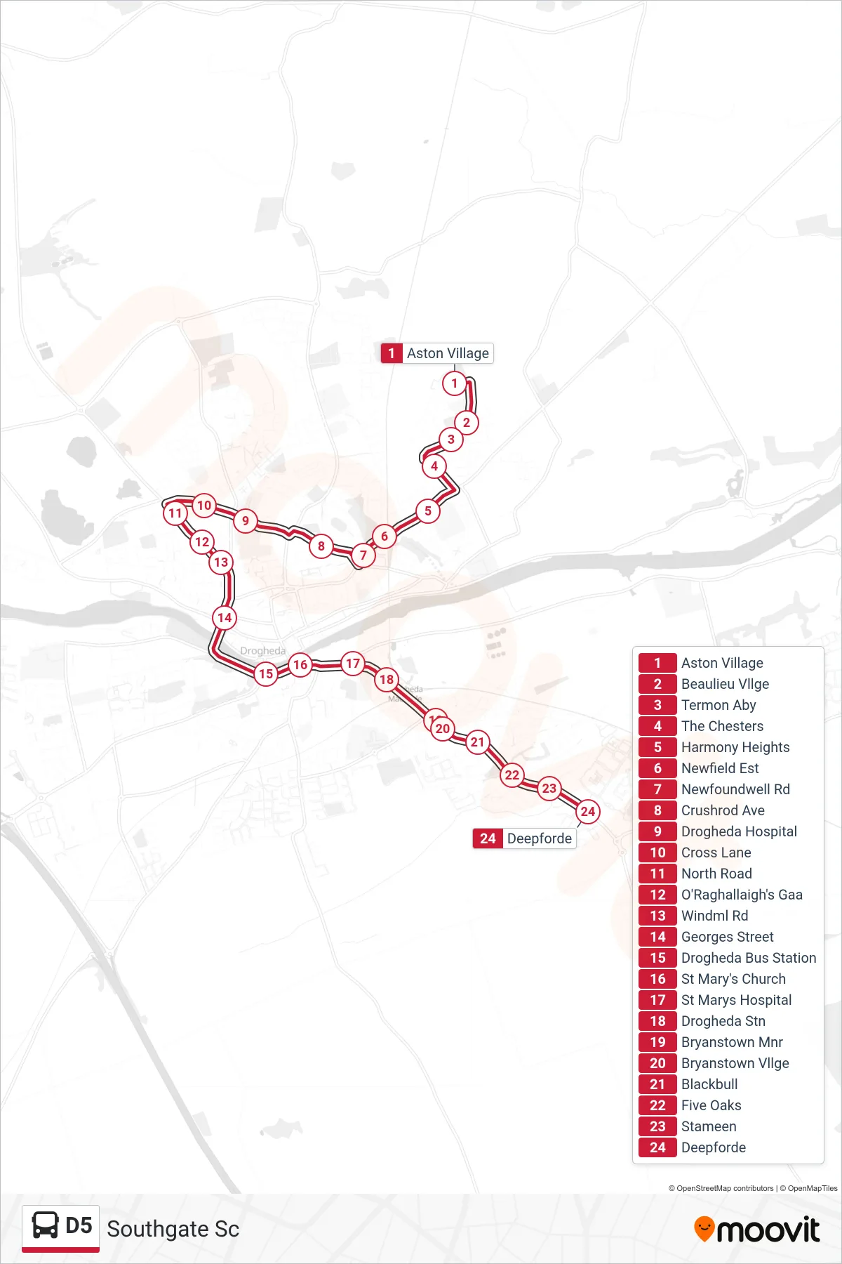 D5 bus Line (Southgate Sc) route and stops on a map