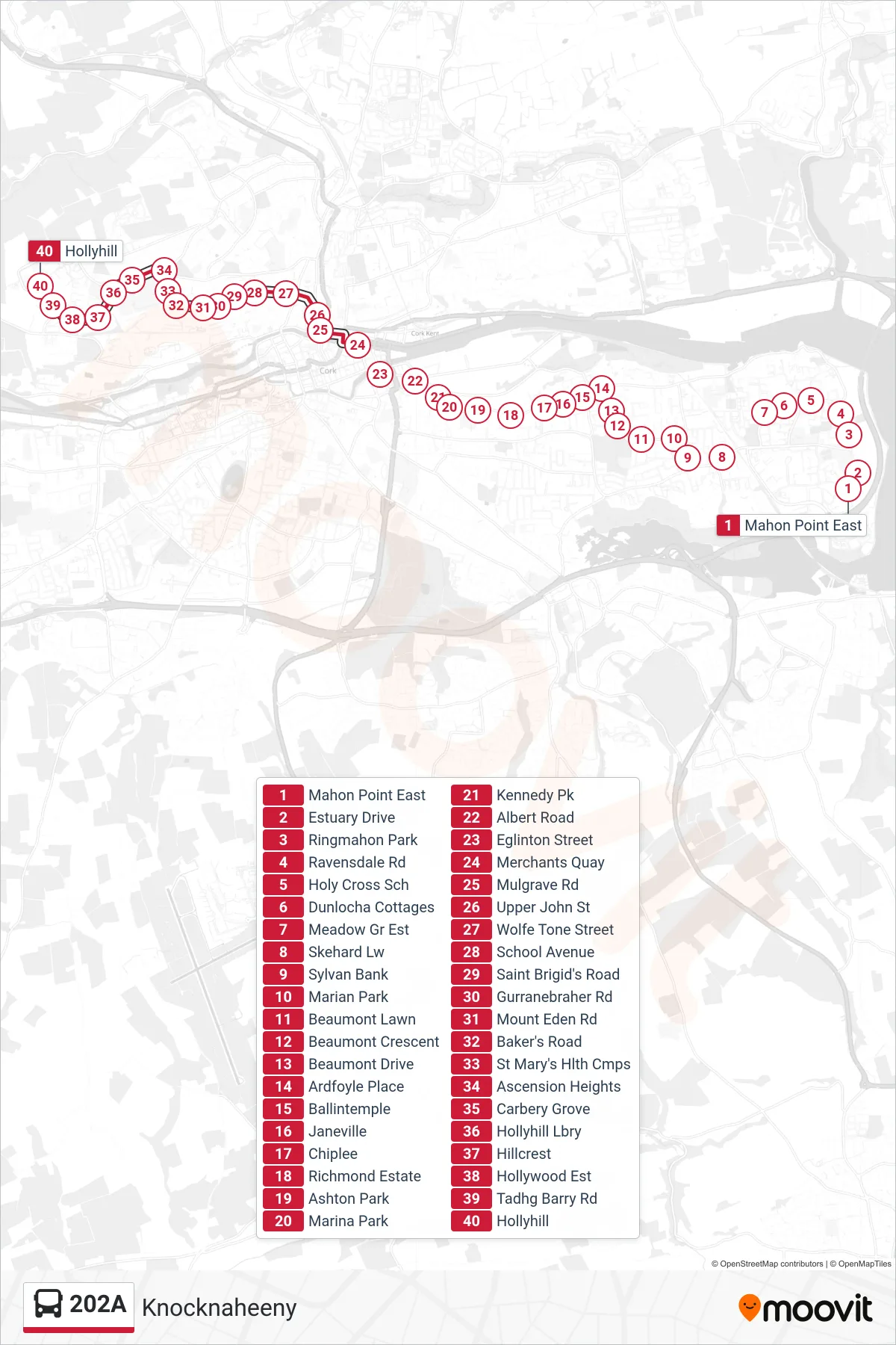 202A bus Line (Knocknaheeny) route and stops on a map