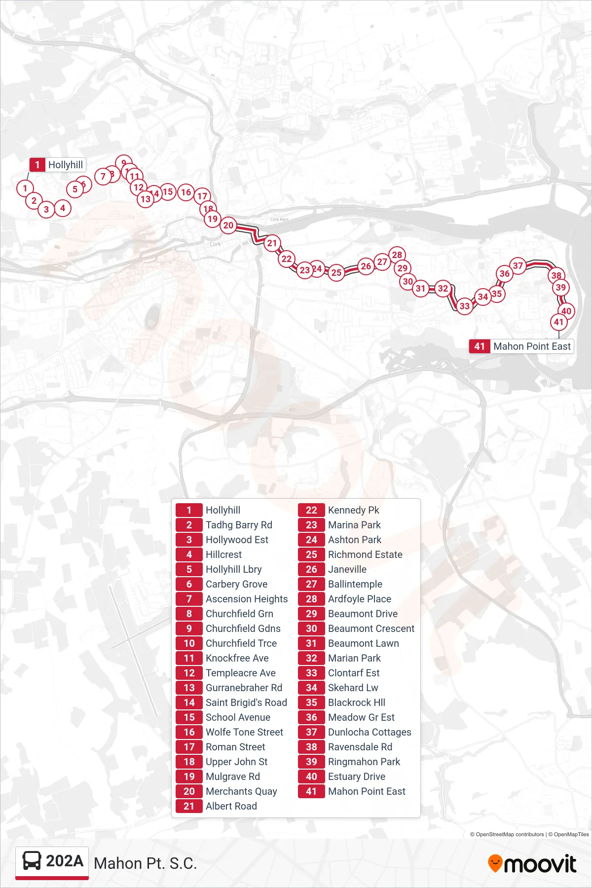 202A bus Line (Mahon Pt. S.C.) route and stops on a map