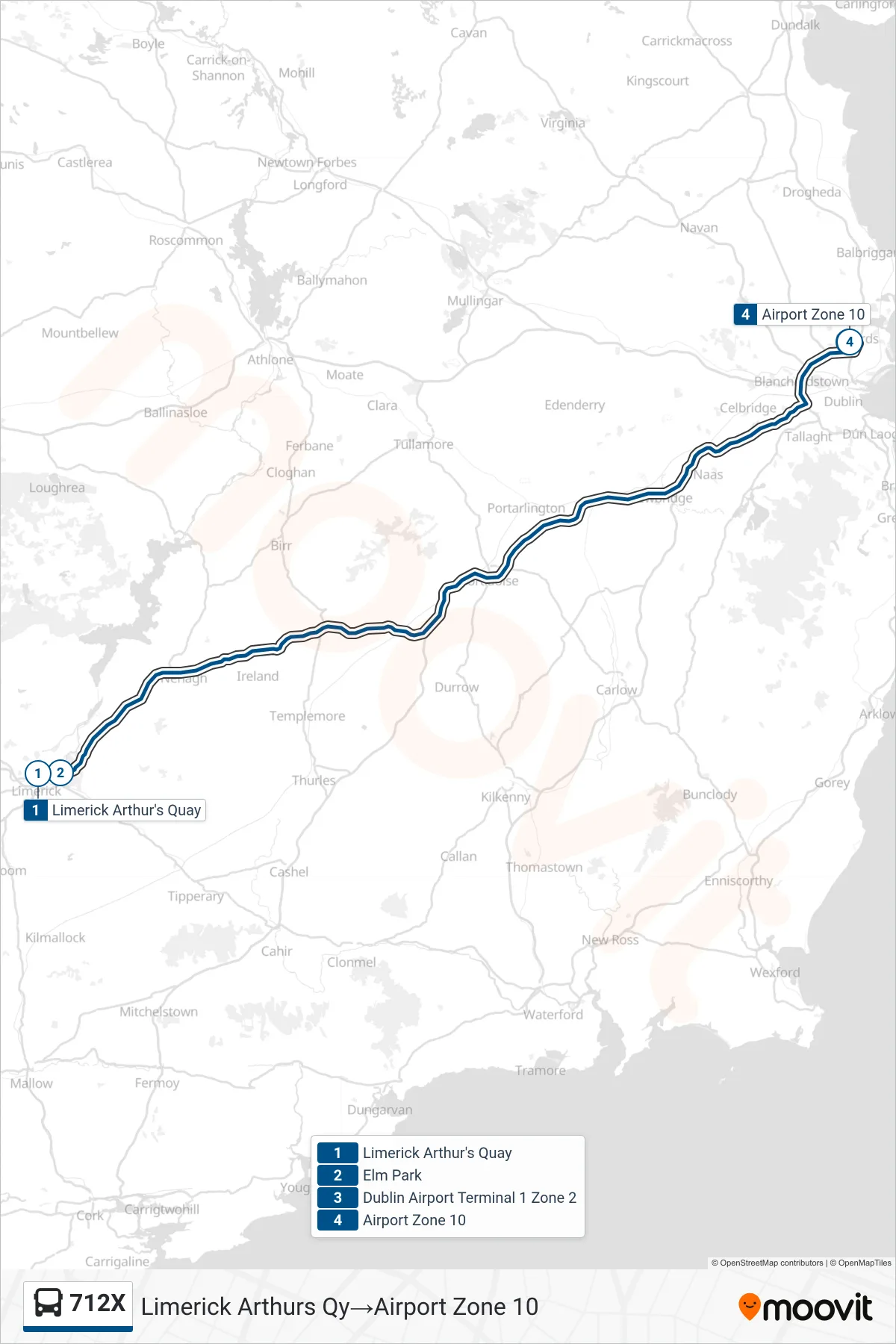 712X bus Line (Limerick Arthurs Qy‎→Airport Zone 10) route and stops on a map