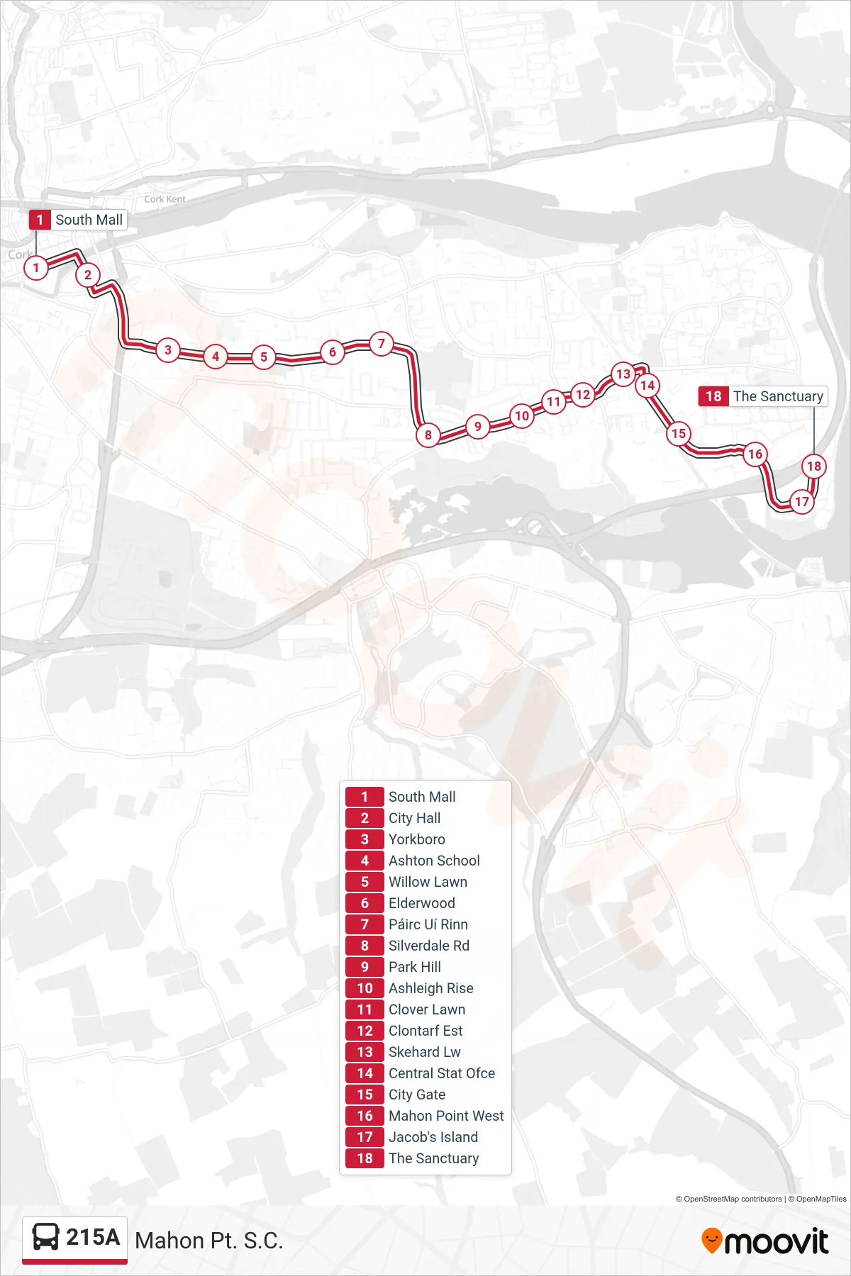 215A bus Line (Mahon Pt. S.C.) route and stops on a map