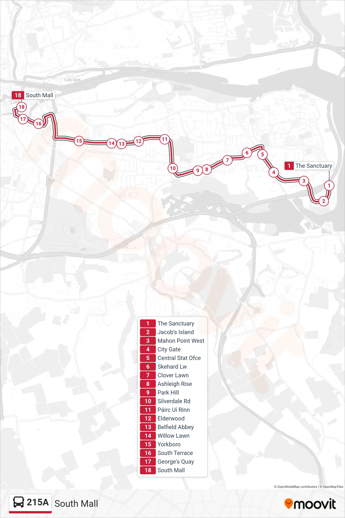 215A bus Line (South Mall) route and stops on a map