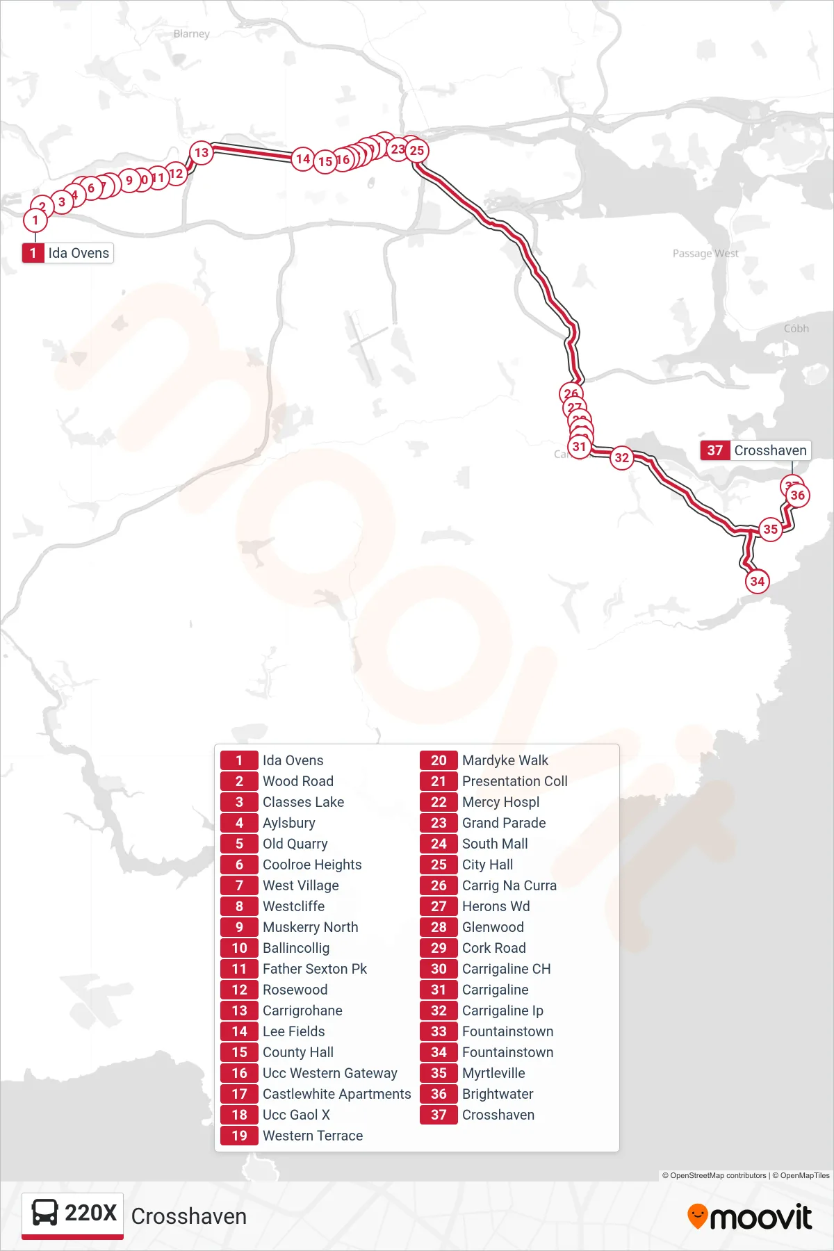 220X bus Line (Crosshaven) route and stops on a map