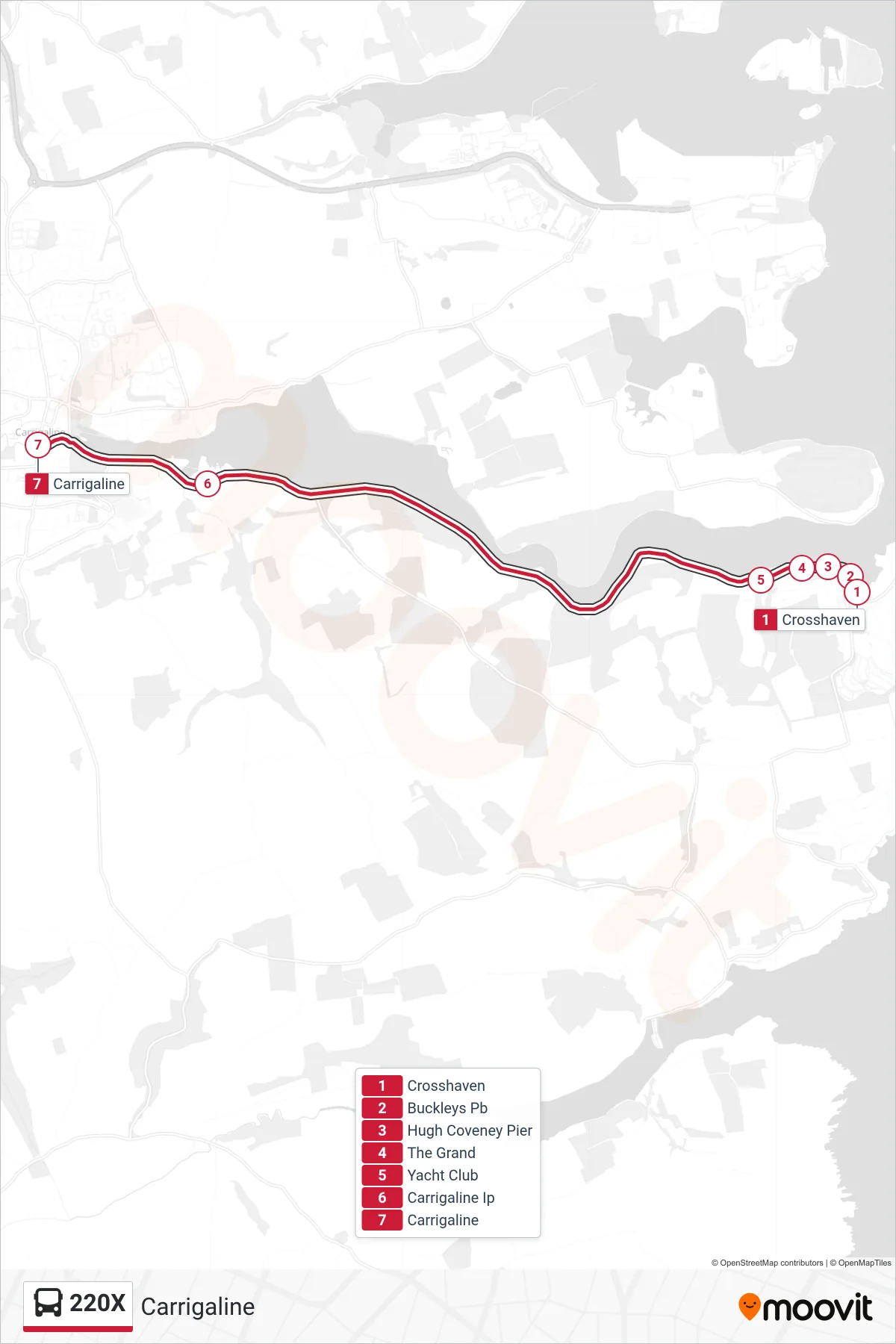 220X bus Line (Carrigaline) route and stops on a map