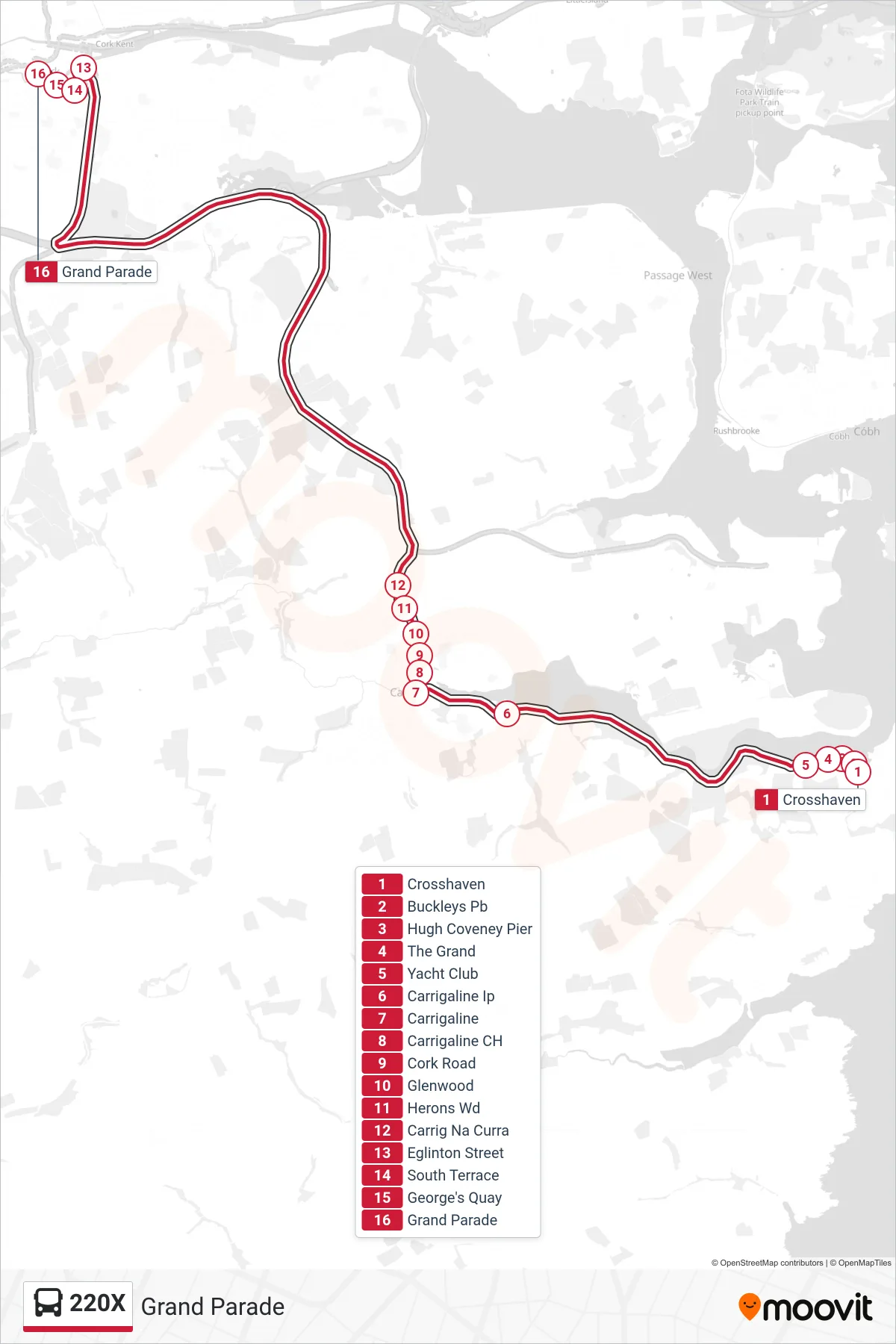 220X bus Line (Grand Parade) route and stops on a map