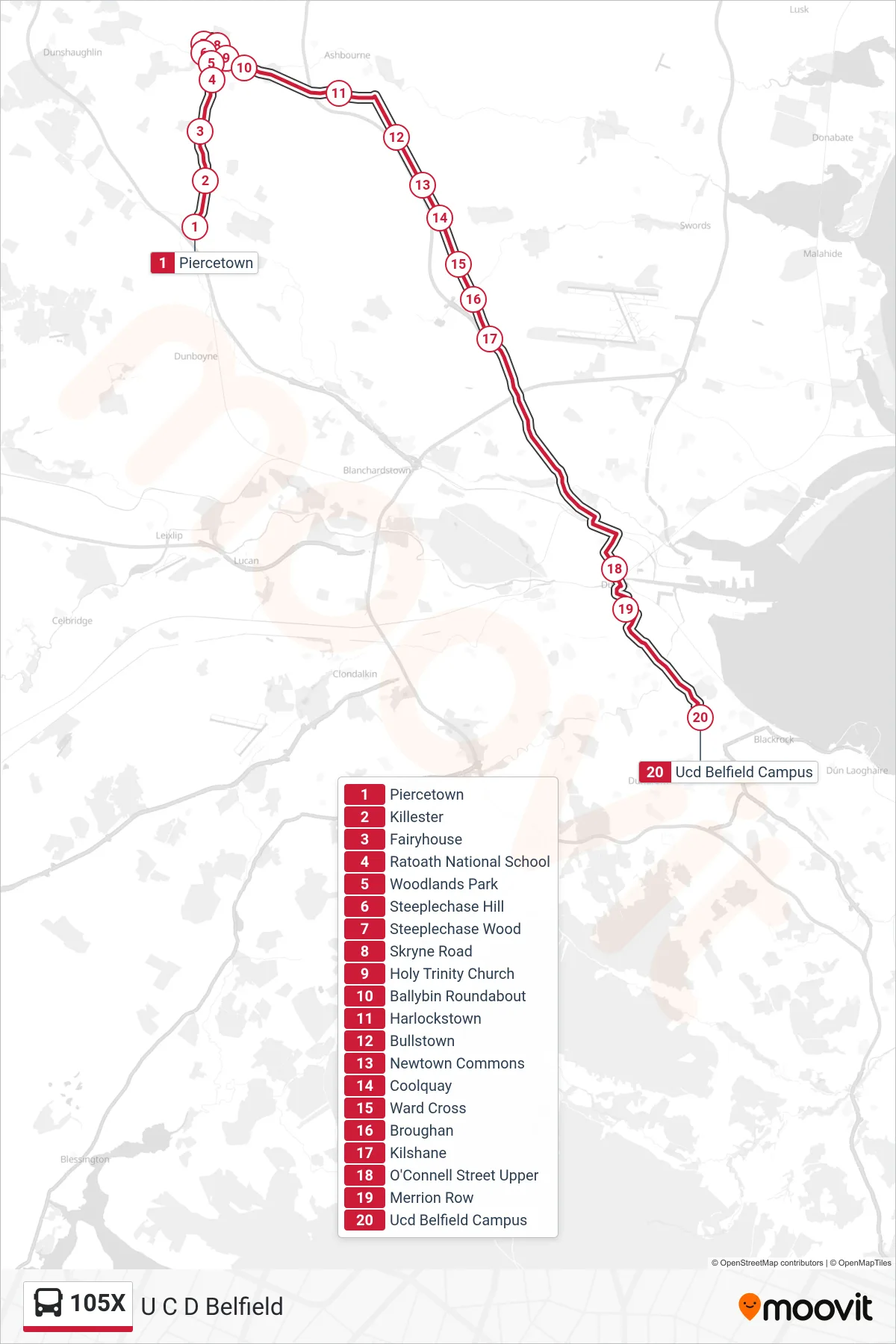 105X bus Line (U C D Belfield) route and stops on a map