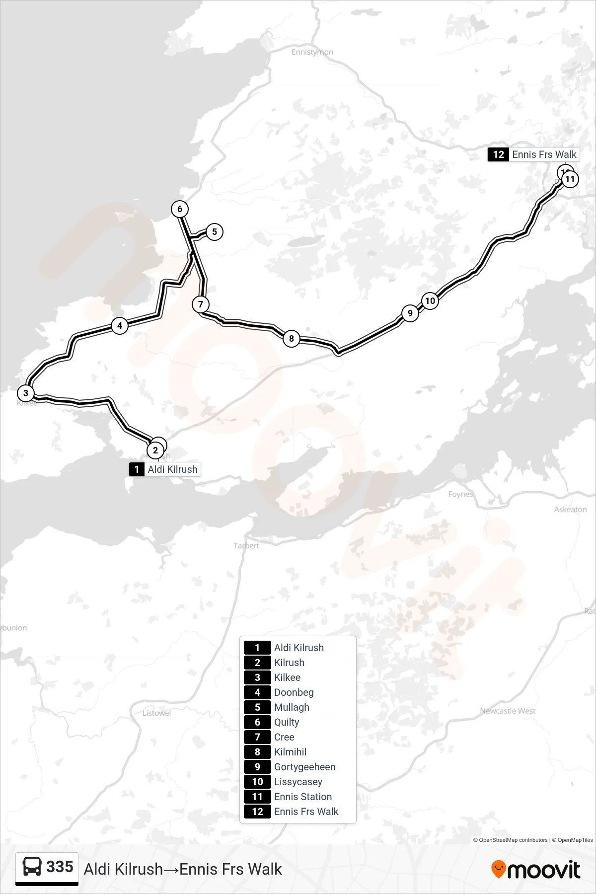 335 bus Line (Aldi Kilrush→Ennis Frs Walk) route and stops on a map