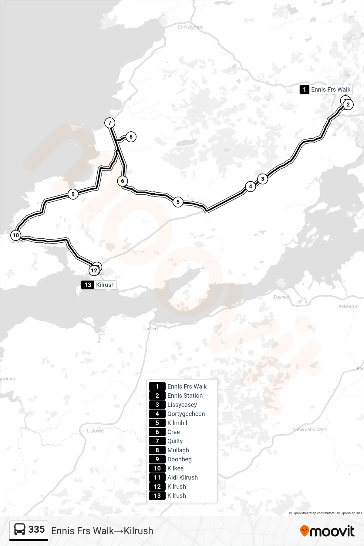 335 bus Line (Ennis Frs Walk→Kilrush) route and stops on a map