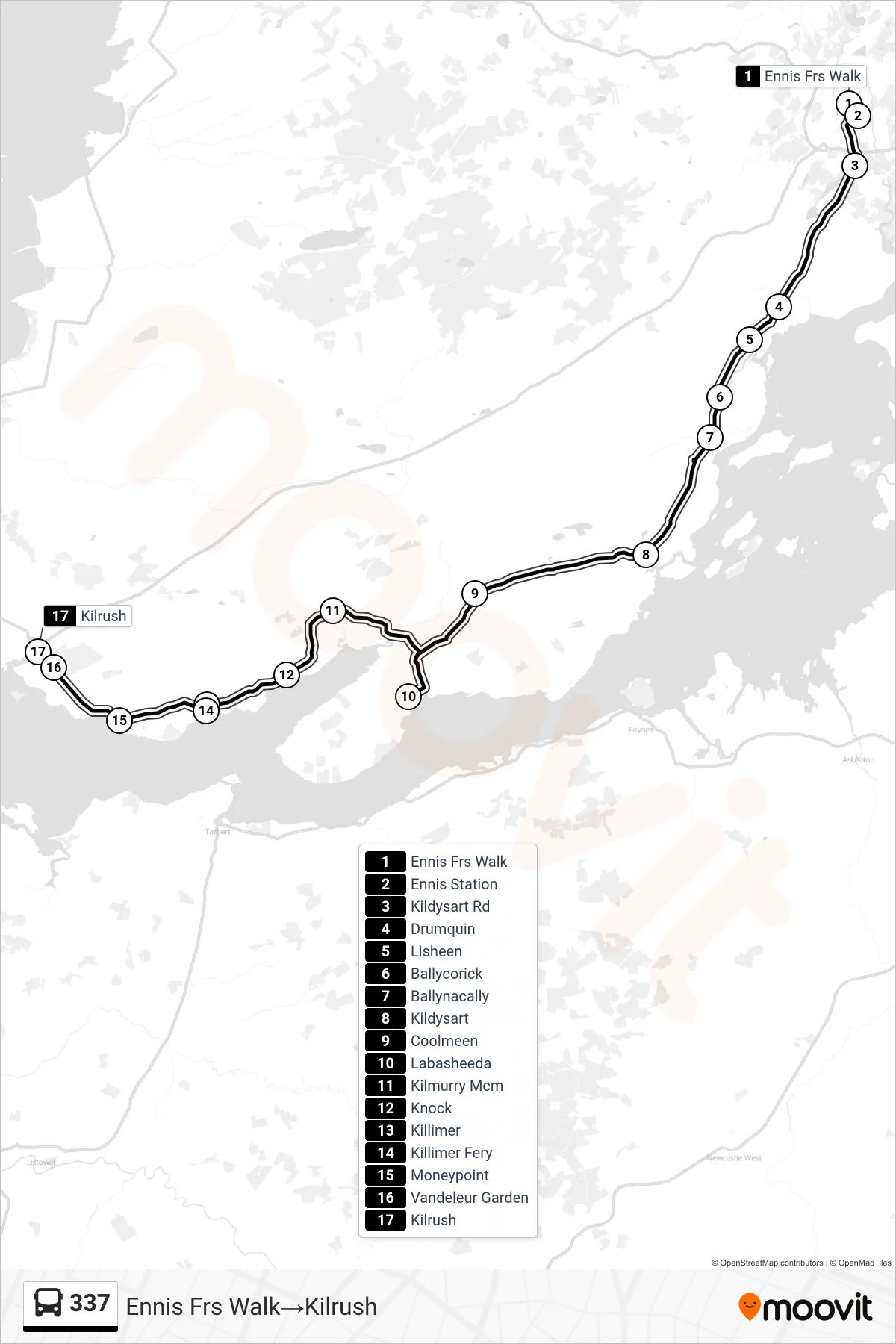 337 bus Line (Ennis Frs Walk→Kilrush) route and stops on a map