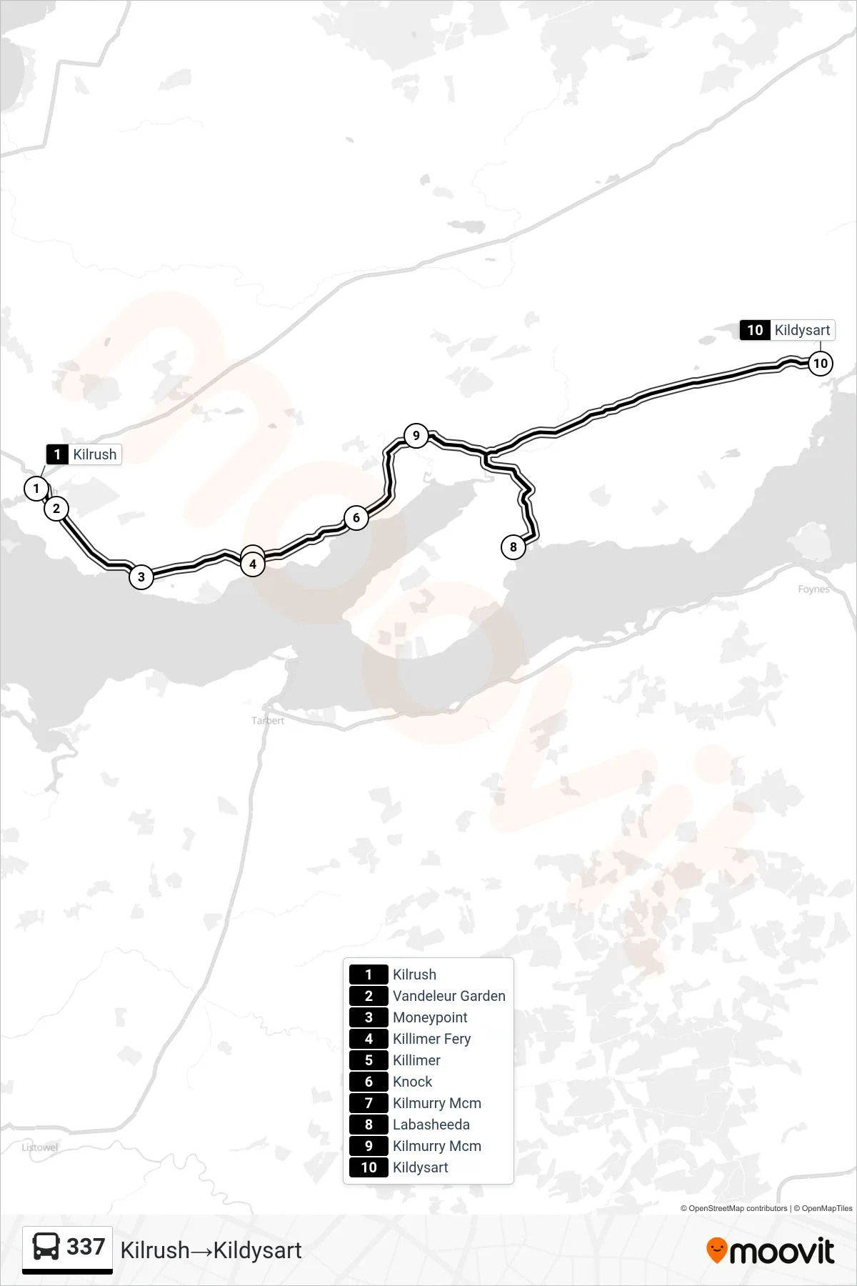 337 bus Line (Kilrush→Kildysart) route and stops on a map