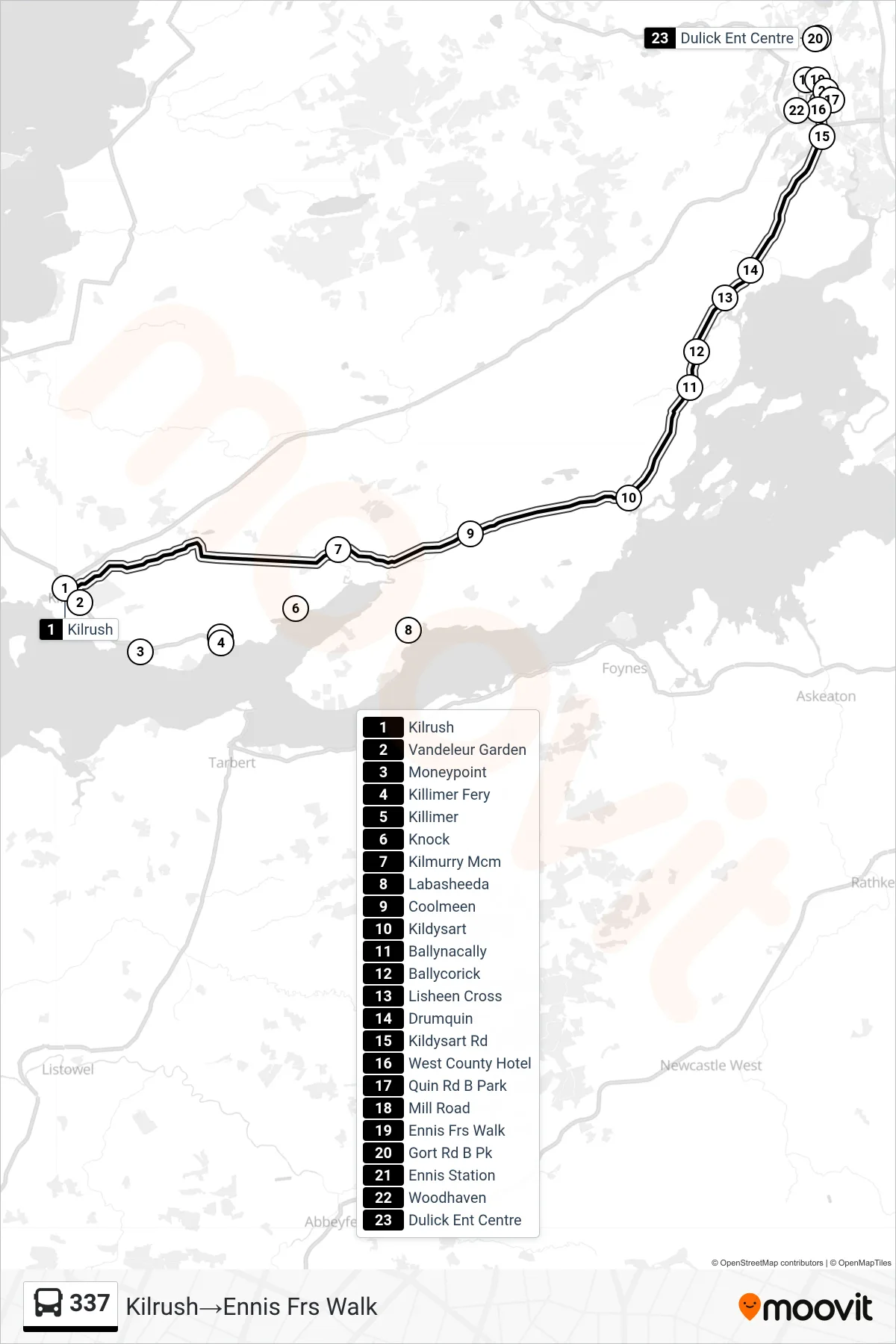 337 bus Line (Kilrush→Ennis Frs Walk) route and stops on a map
