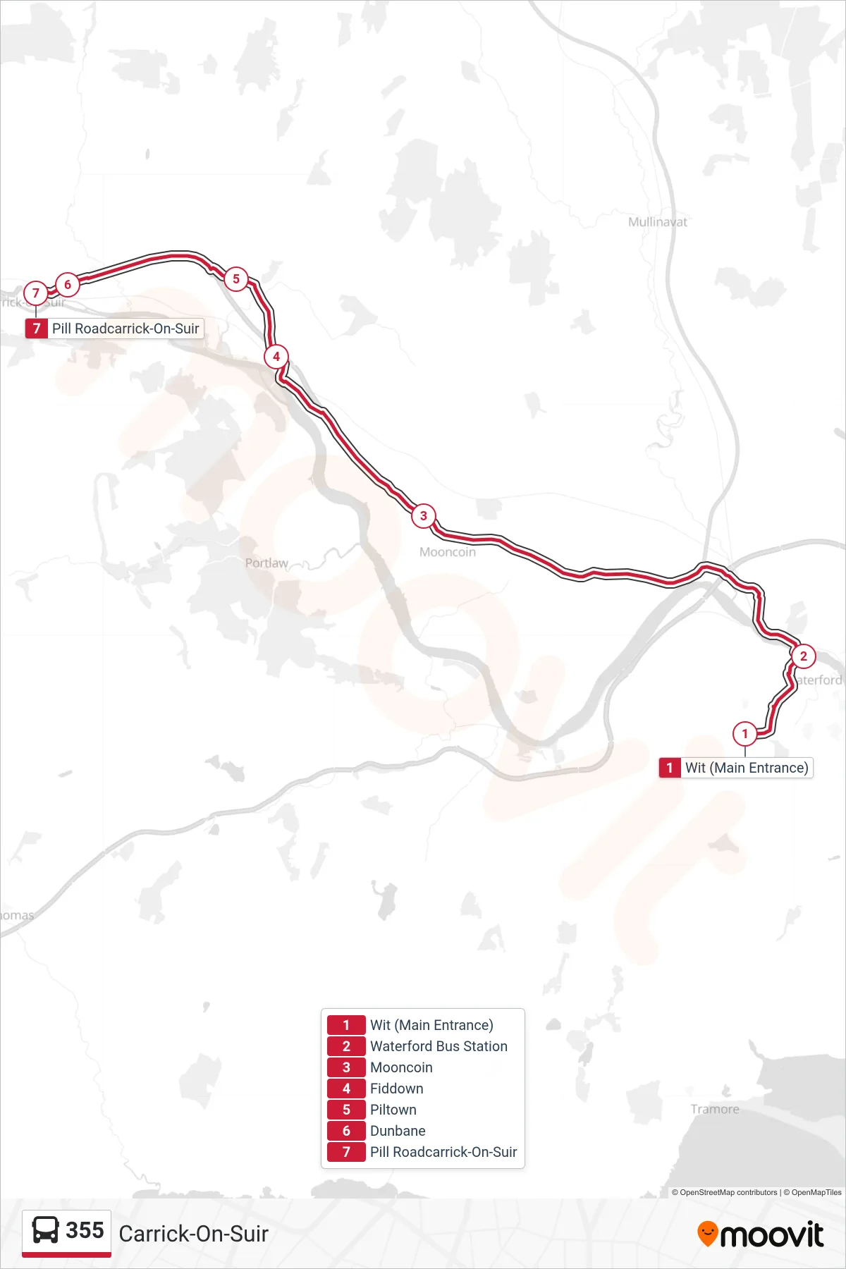 355 bus Line (Carrick-On-Suir) route and stops on a map