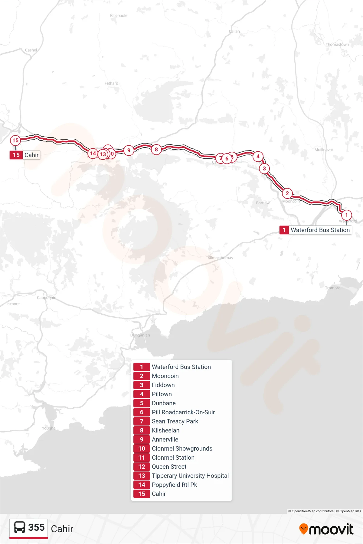 355 bus Line (Cahir) route and stops on a map